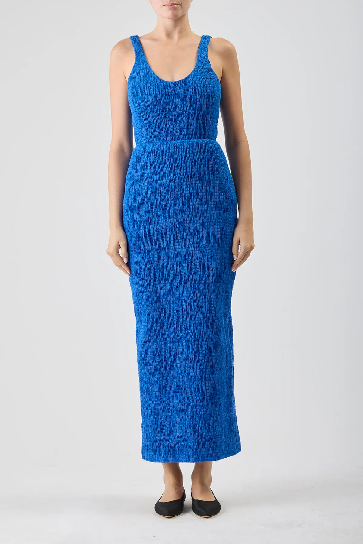 Firm Leather Still Glow Girard Shirred Maxi Dress in Sapphire Aloe Linen