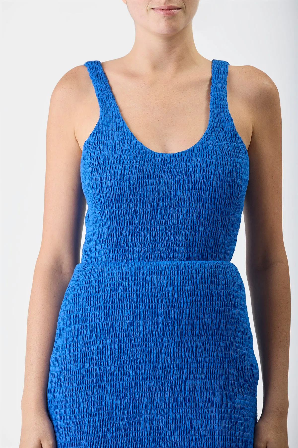 Girard Shirred Maxi Dress in Sapphire Aloe Linen ButterSoftKnit Boho Free