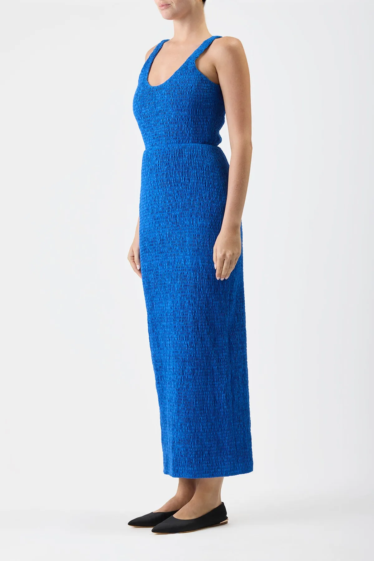 Girard Shirred Maxi Dress in Sapphire Aloe Linen Wide Glow Travel Core