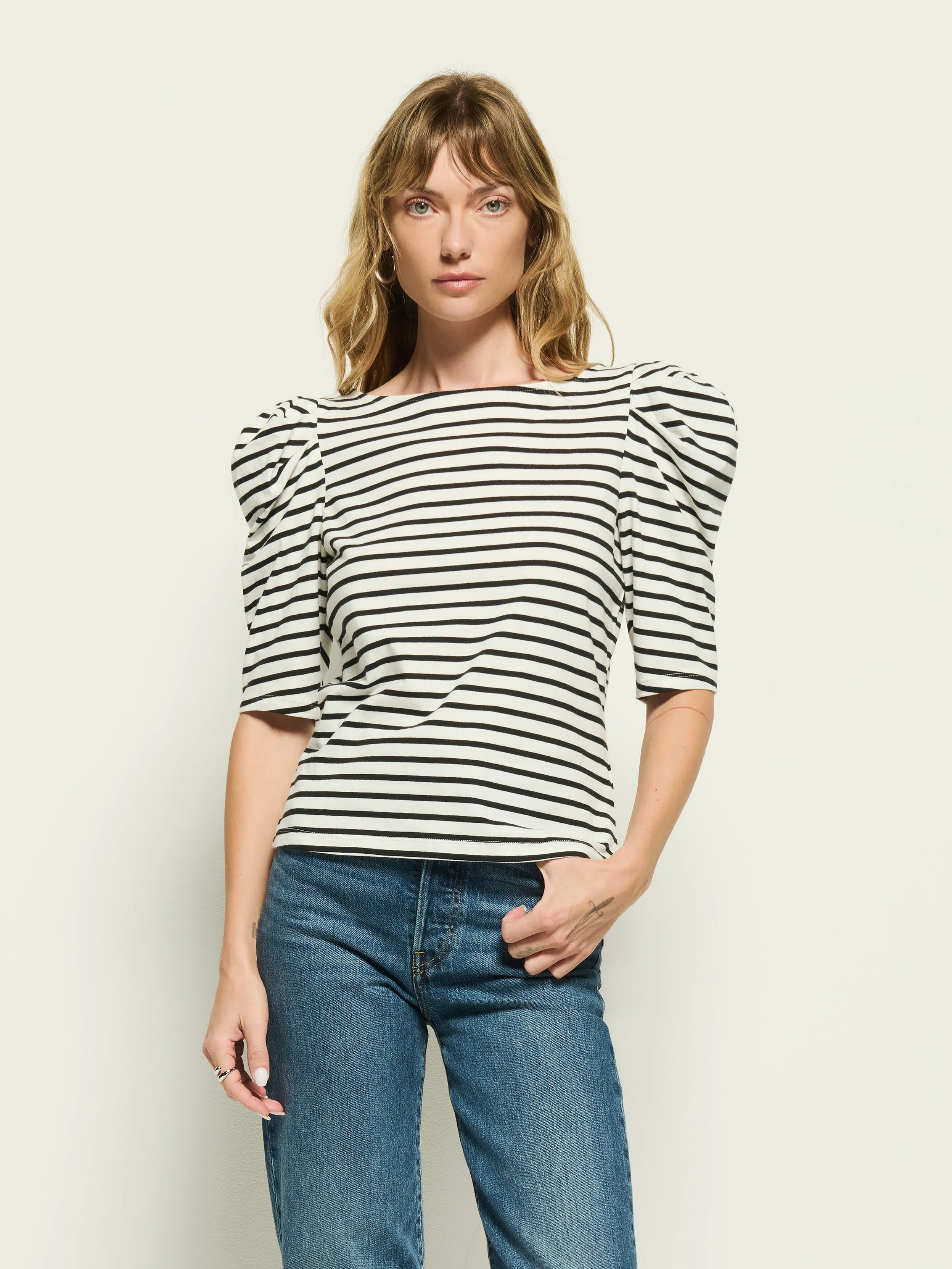 ThermalRegulating Fabric Flexible Waistline Emery Stripe Boat Neck