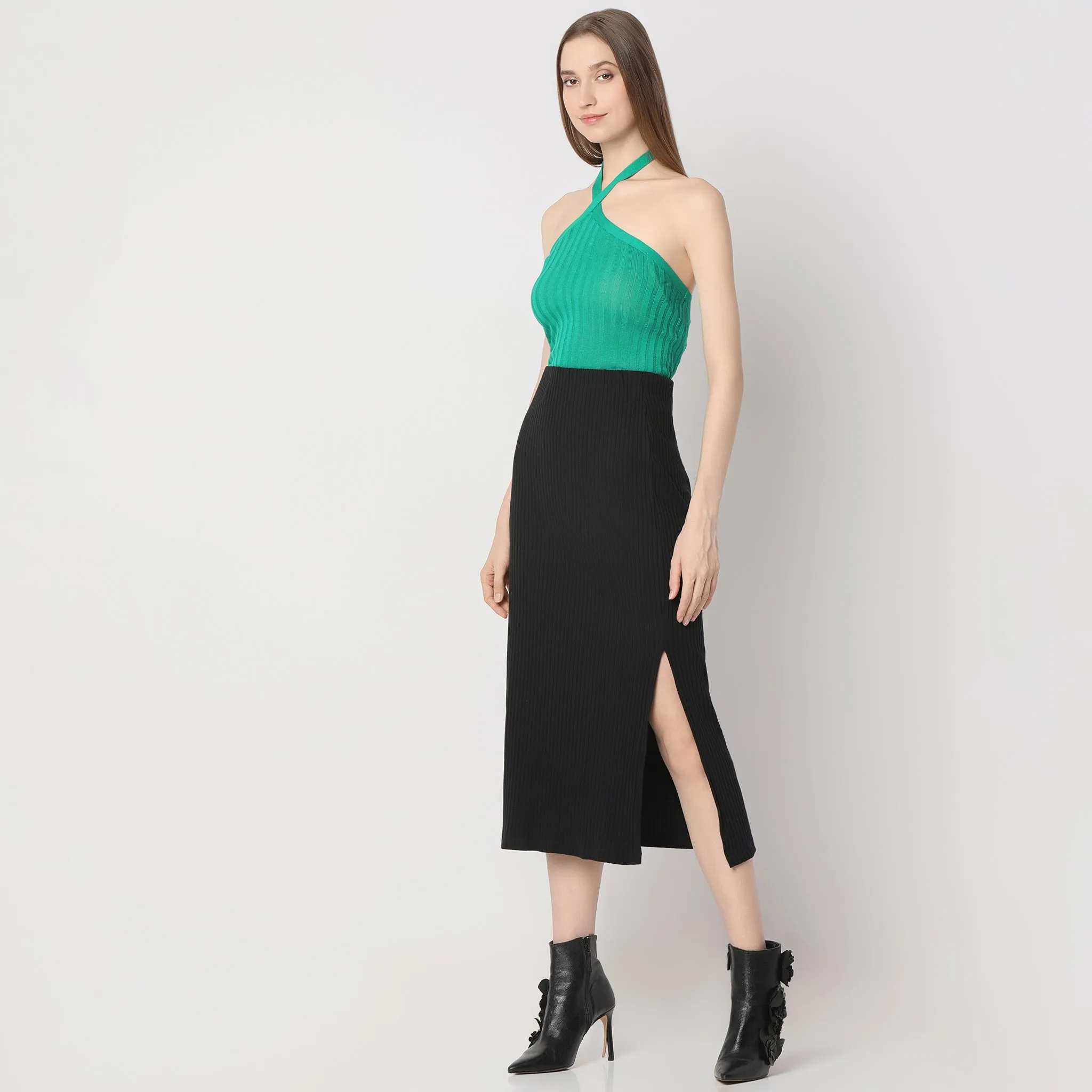 Rustic Ease Slim Fit Below Knee Bodycon High Rise Skirt With Side Slit