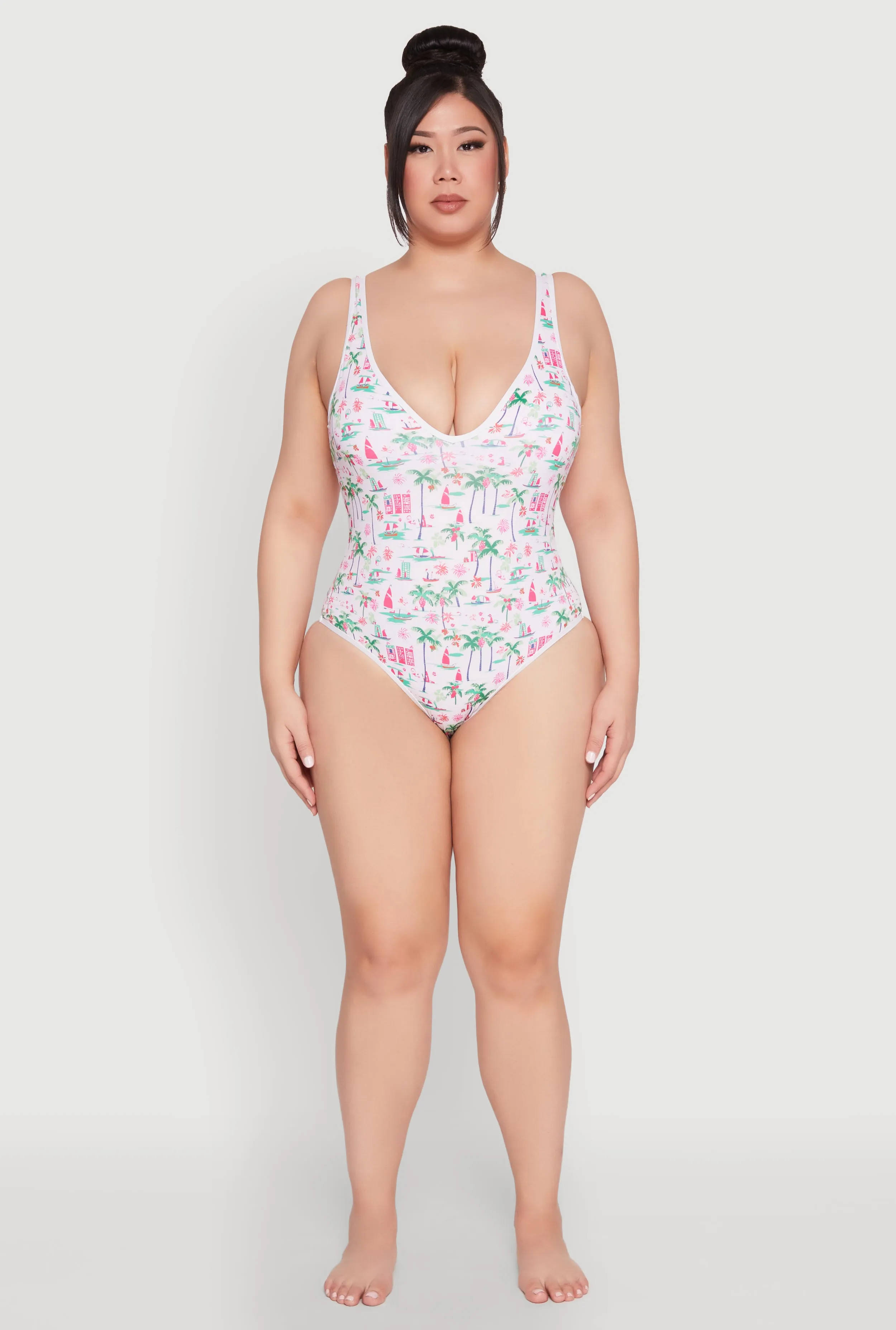 Reinforced Seams Plus Size Palm Tree Tropical Print One Piece Swimsuit
