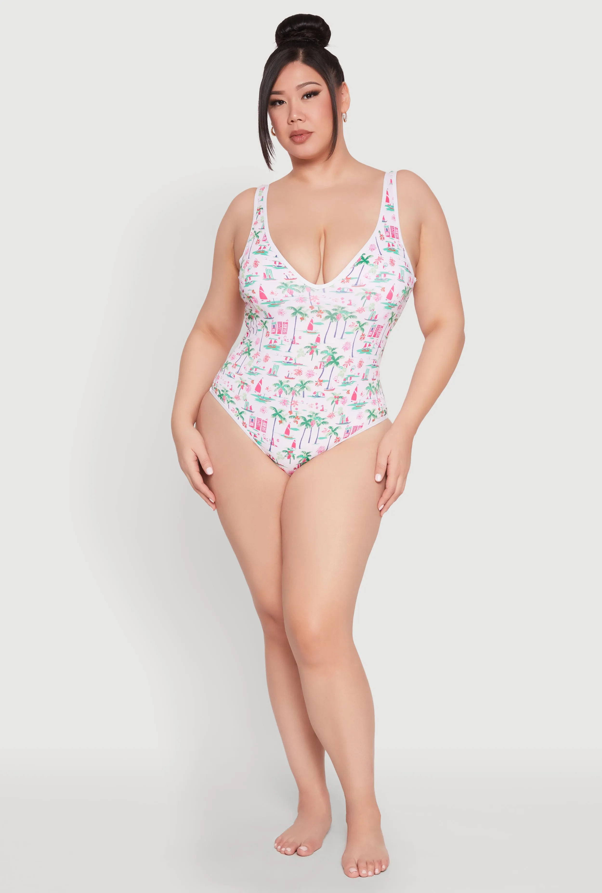 Anti Pilling Technology Sand Resistant Finish Plus Size Palm Tree Tropical Print One Piece Swimsuit