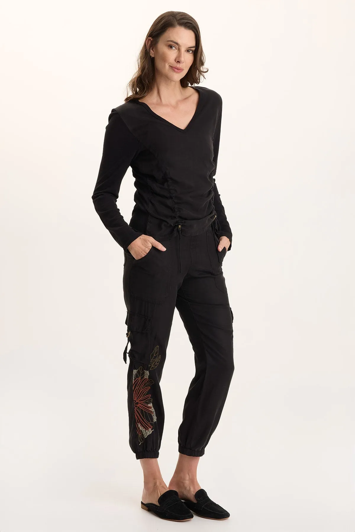 Ketti Long Sleeve Twill/Jersey Ruched V-Neck Jewel tone warm glow