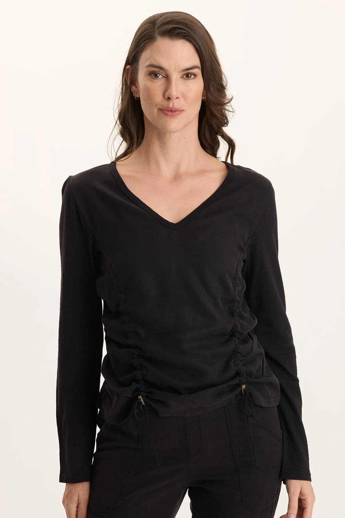 Bonded Seam Technology Ketti Long Sleeve Twill/Jersey Ruched V-Neck