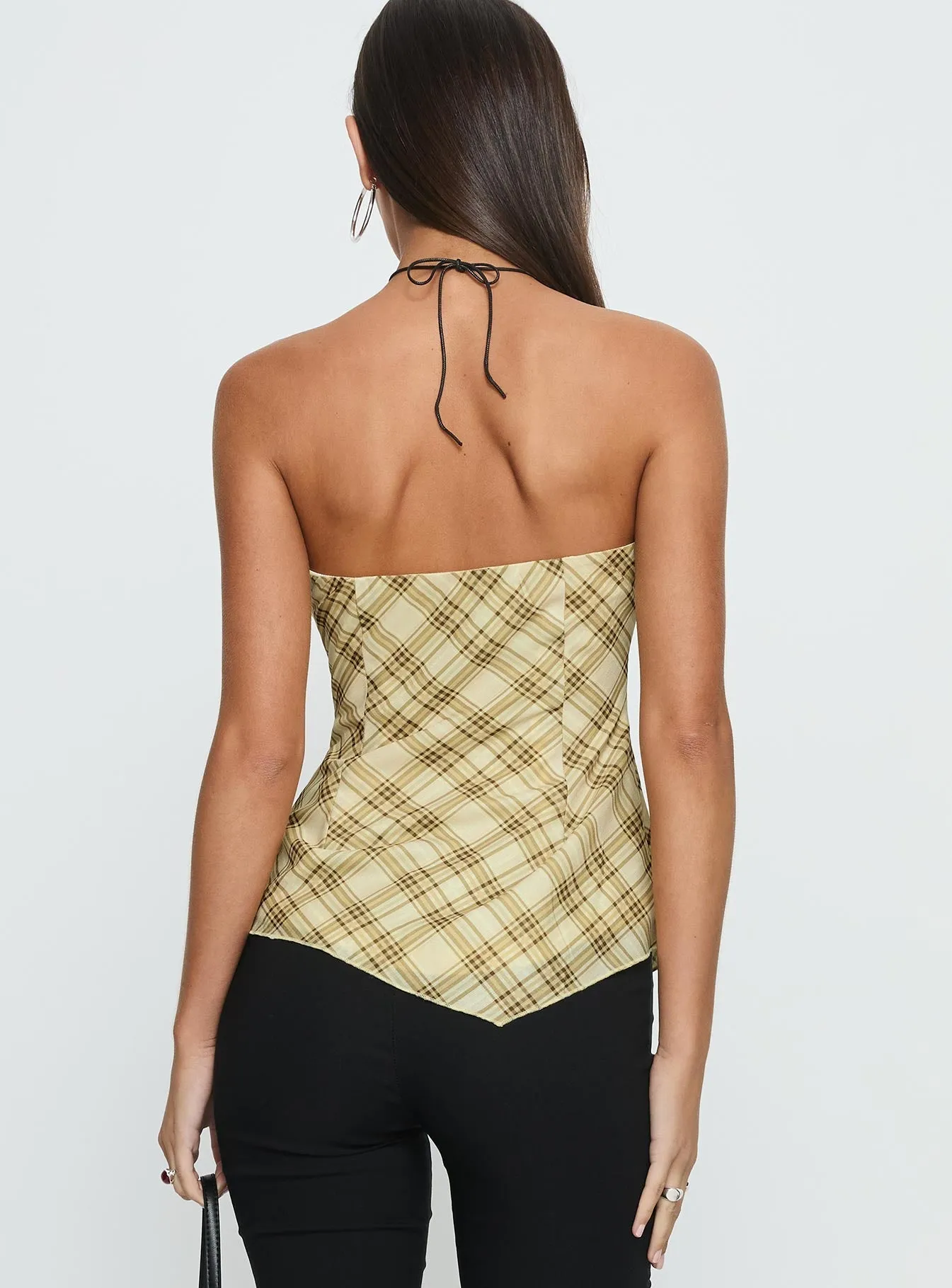 I Wonder Strapless Cut Out Top Yellow Check BiodegradableFabric