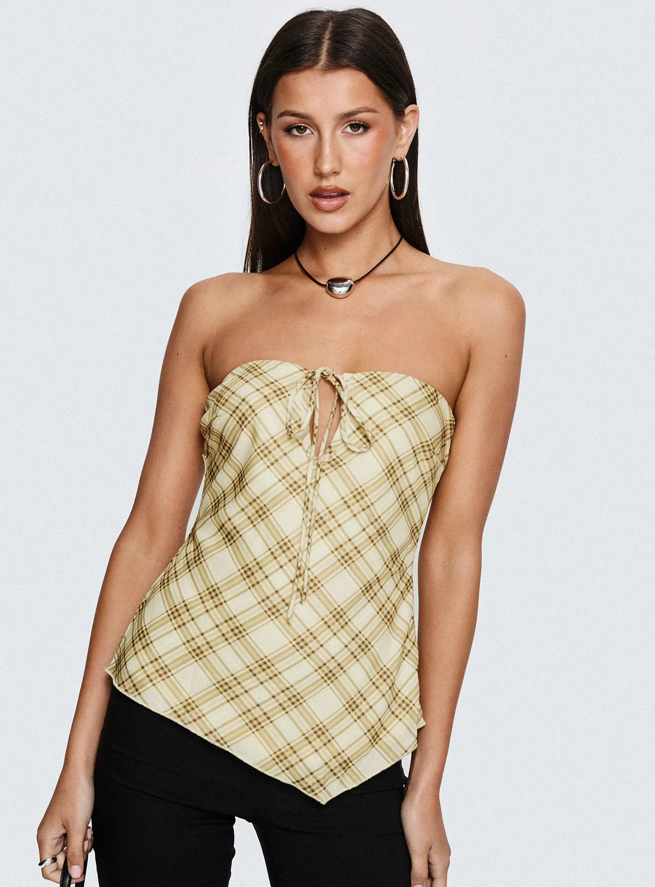 I Wonder Strapless Cut Out Top Yellow Check Stretch waistband