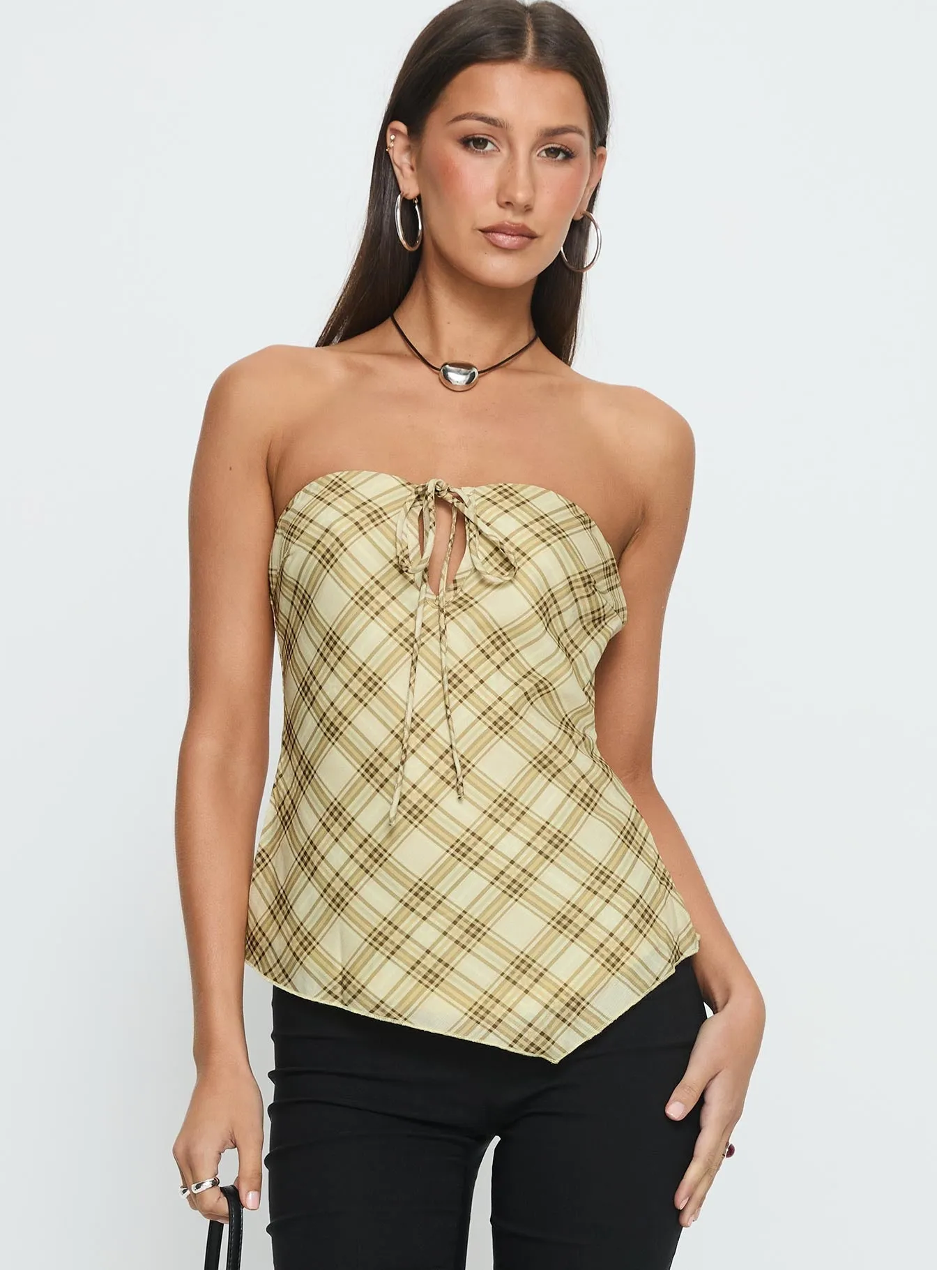 I Wonder Strapless Cut Out Top Yellow Check RibbedHemline SlubTexture