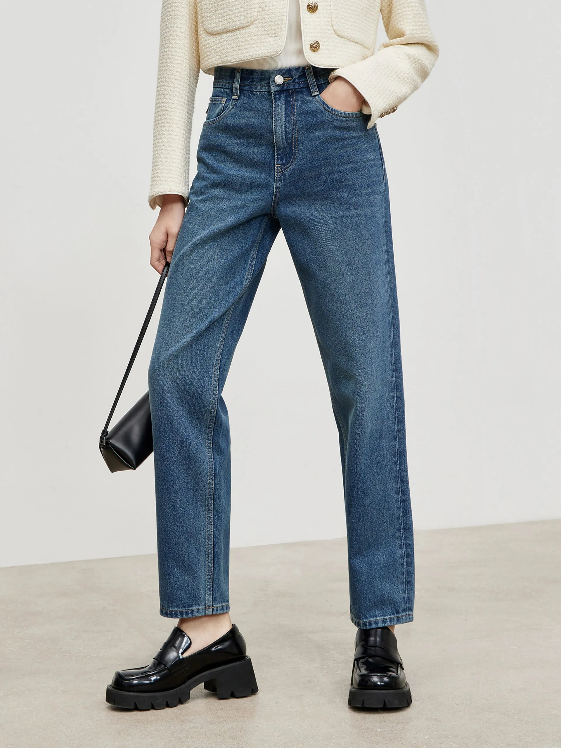 High Waist Straight Cotton Jeans Fray Resistant Hem Customizable length