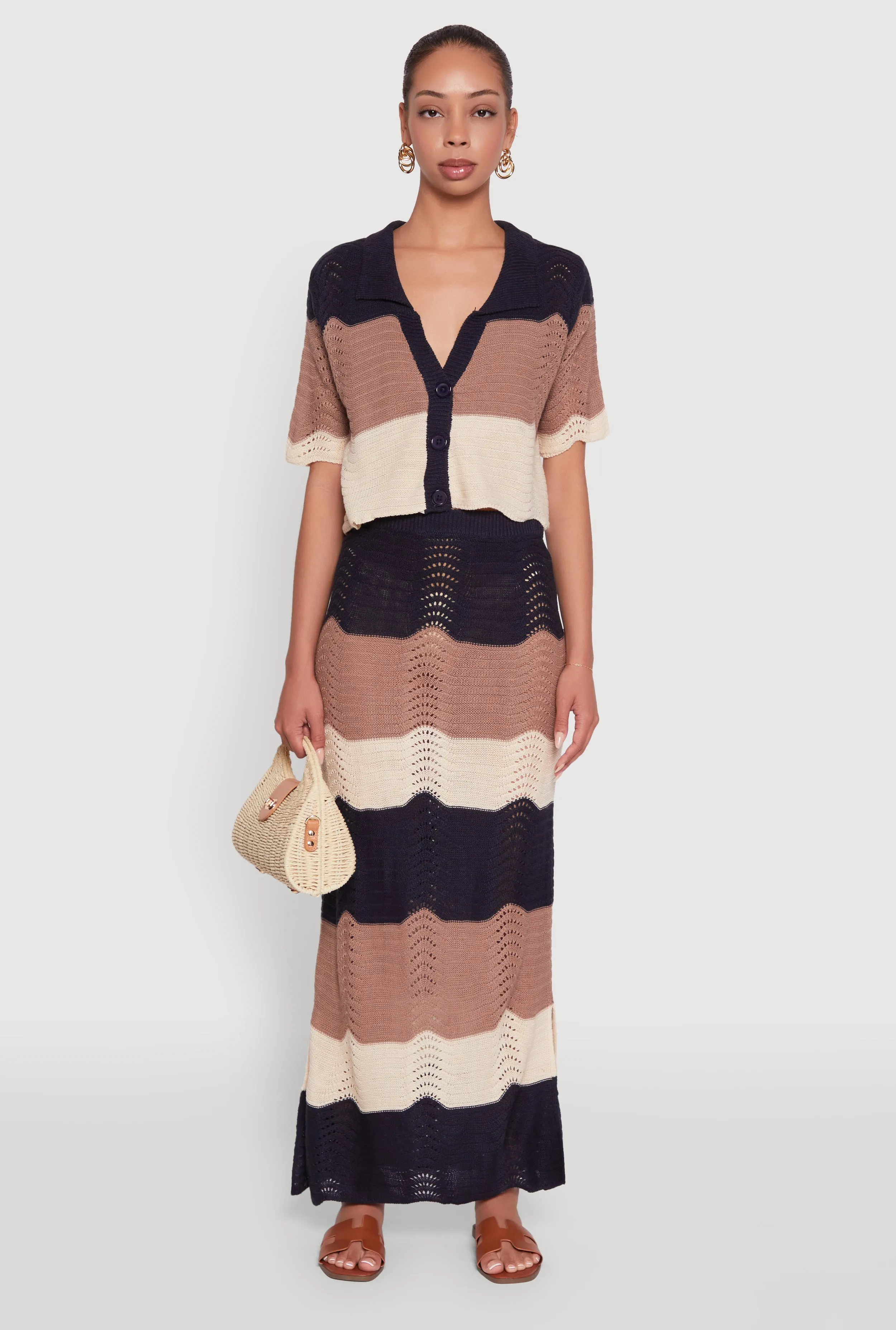 Soft Layers Chic Crochet High Waisted Striped Maxi Skirt