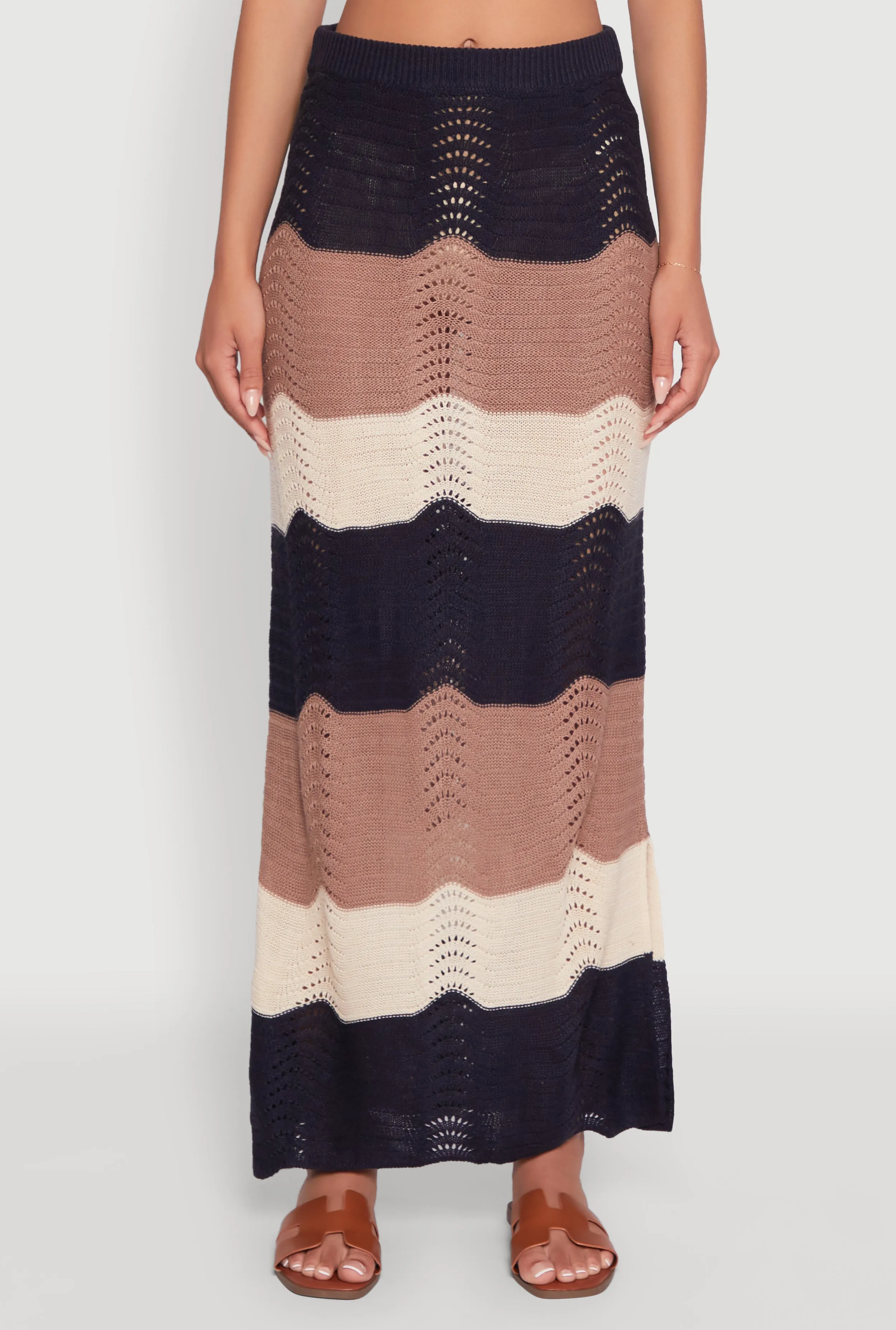 Chic Crochet High Waisted Striped Maxi Skirt Stretch Material Comfort Waistline