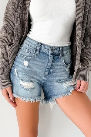 Alessandra Frayed Hem Cello Shorts (Medium Denim) Compact Storage Pocket