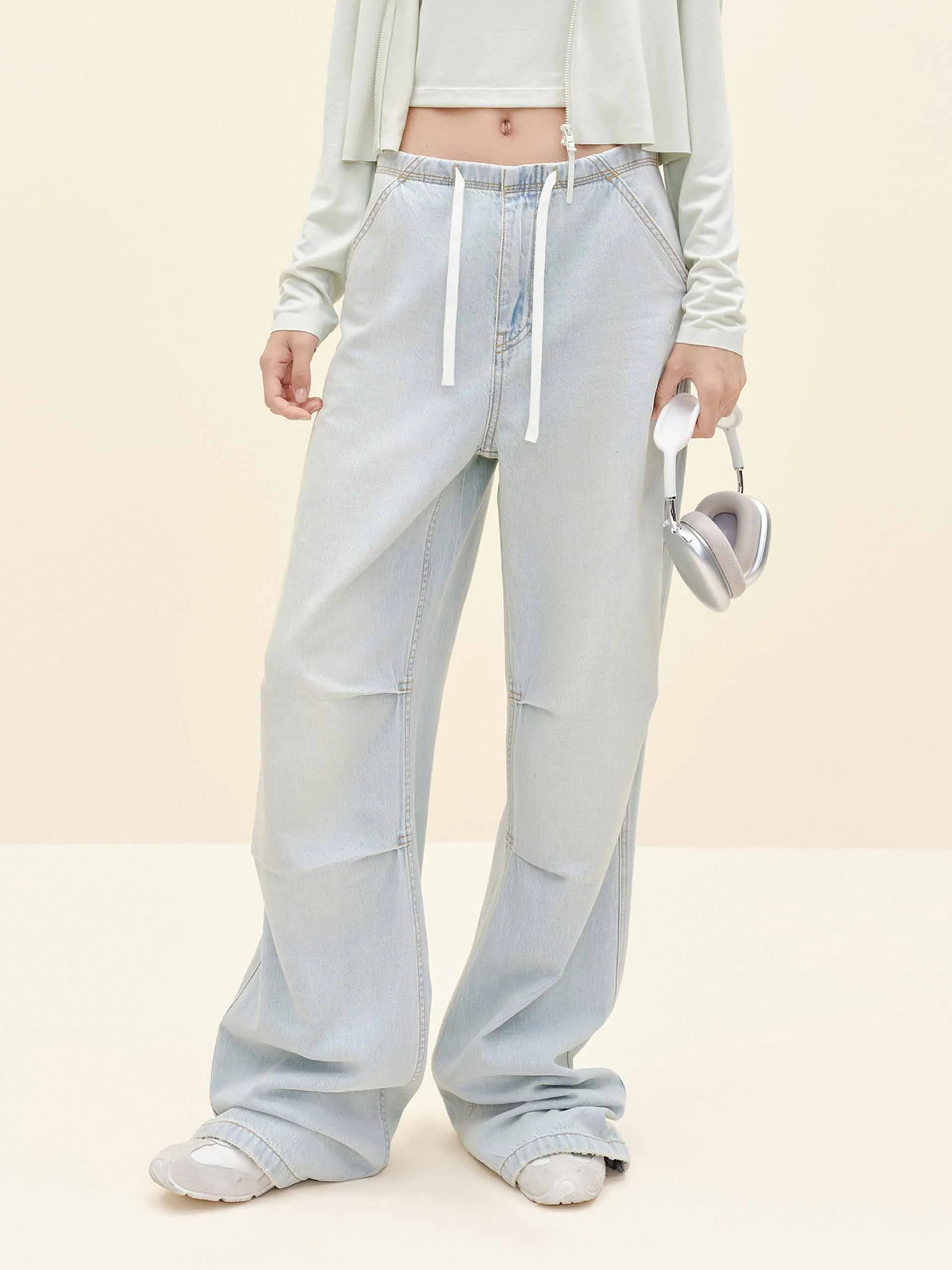 Vibrant Bold Look Street Fashion Cotton Pleated Drawstring Jeans
