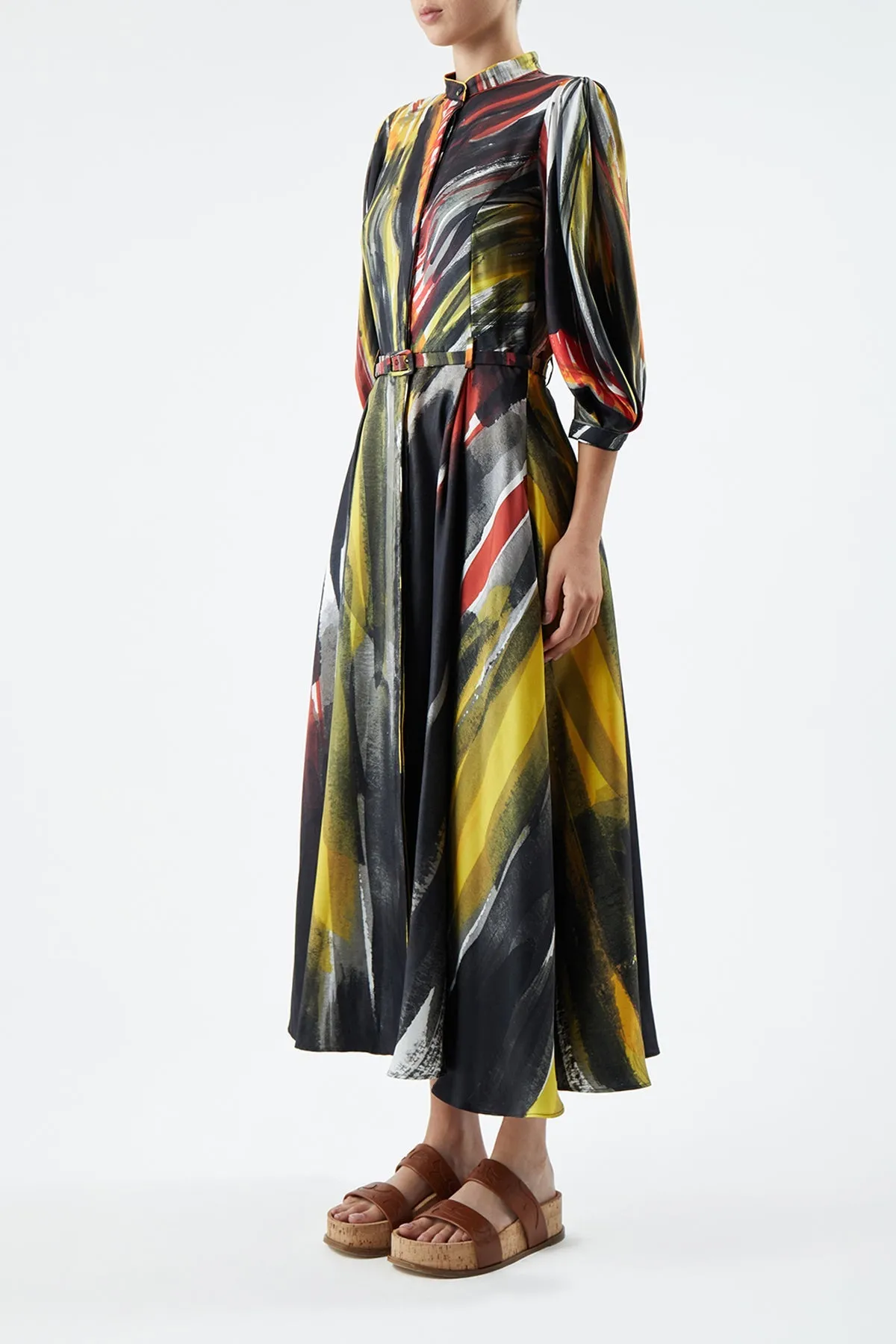 Dexter Pleated Shirtdress in Multi Printed Silk Cyber Core