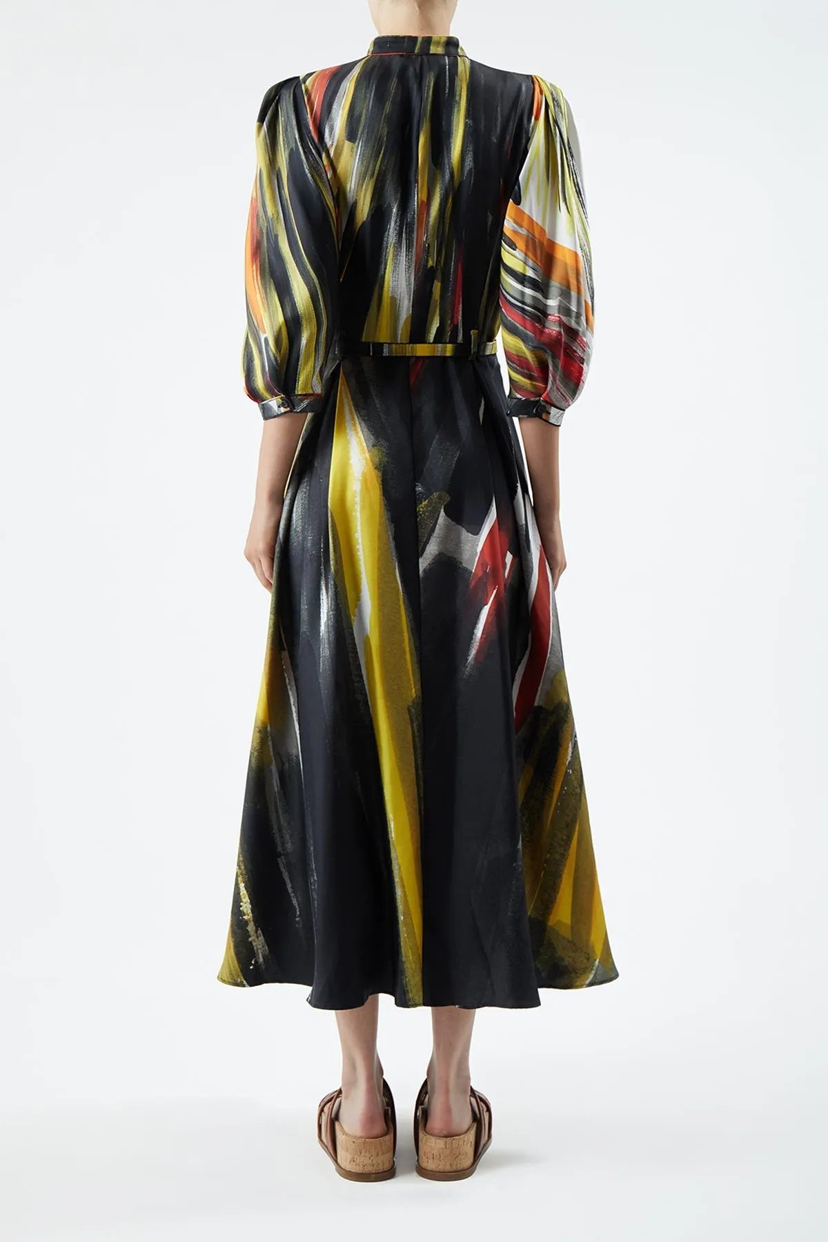 Dexter Pleated Shirtdress in Multi Printed Silk AntiStaticLining SweatAbsorbentLining