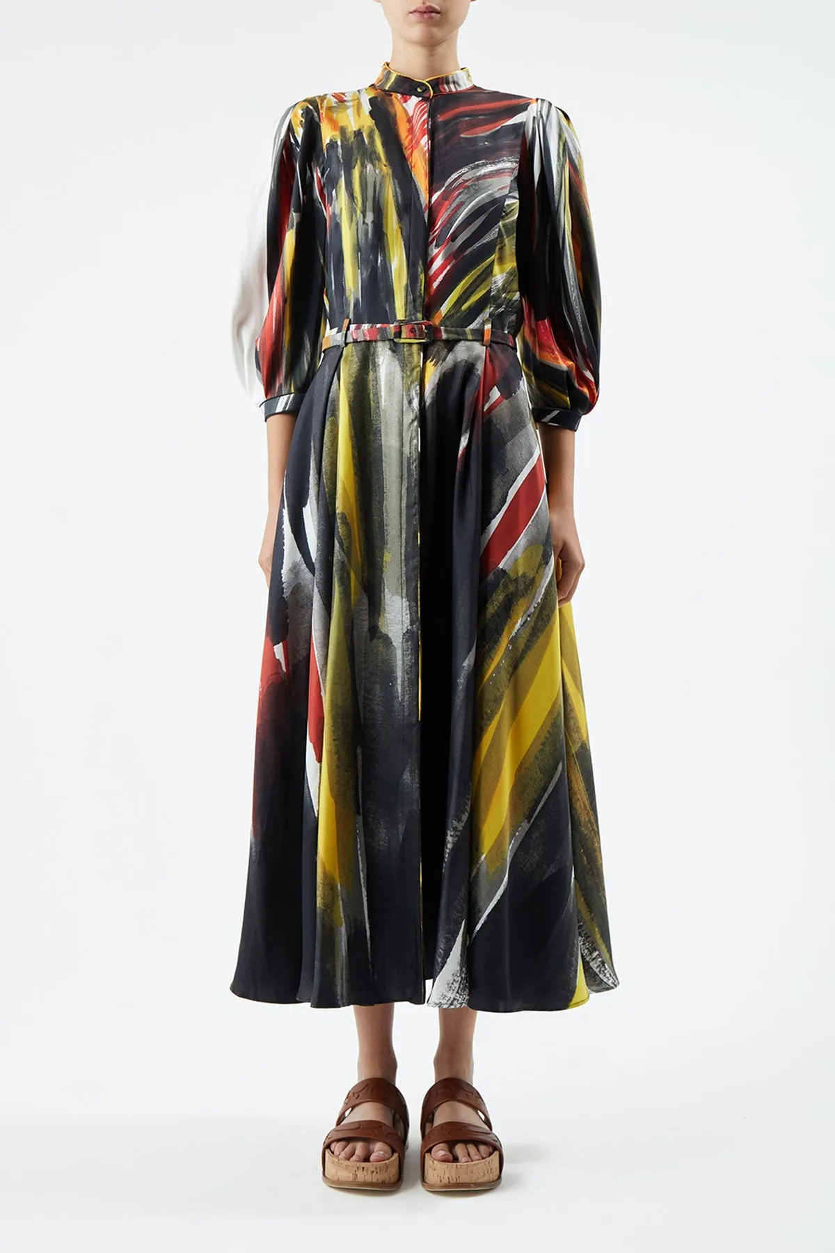 American Ease Zen Ease Dexter Pleated Shirtdress in Multi Printed Silk