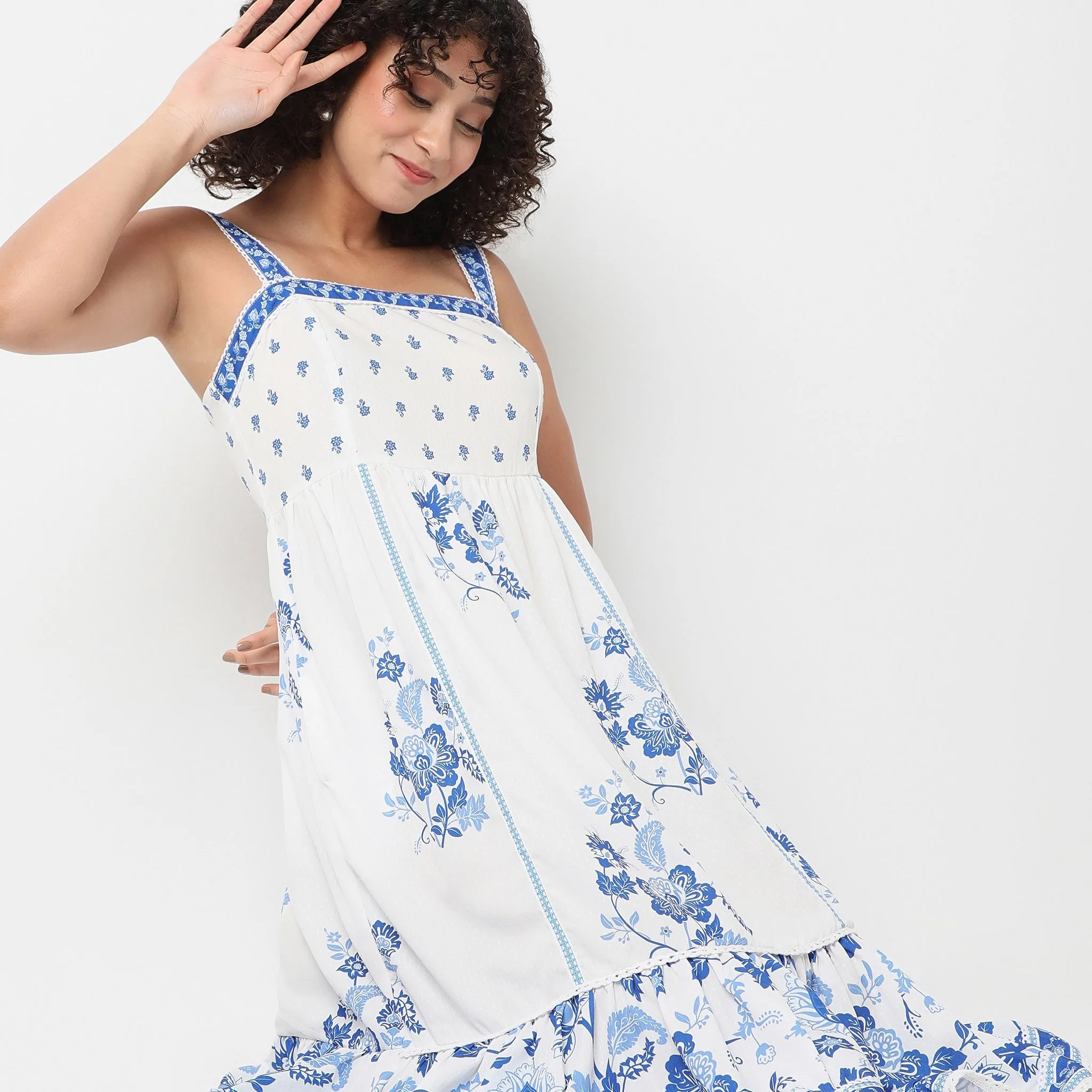 Square Neck Below Knee Flare Fit Printed Strap Dress Planet Glow HighCollared Design