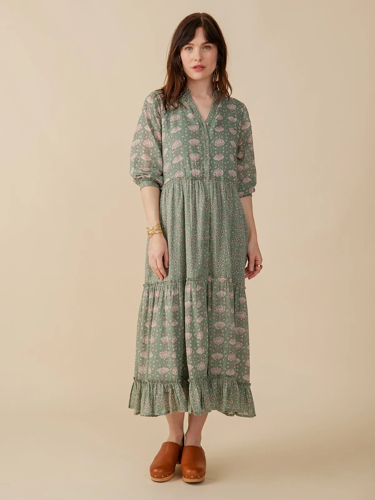 Design Edge Britta Long Sleeve Tiered Dress - Aegean Teal Mix