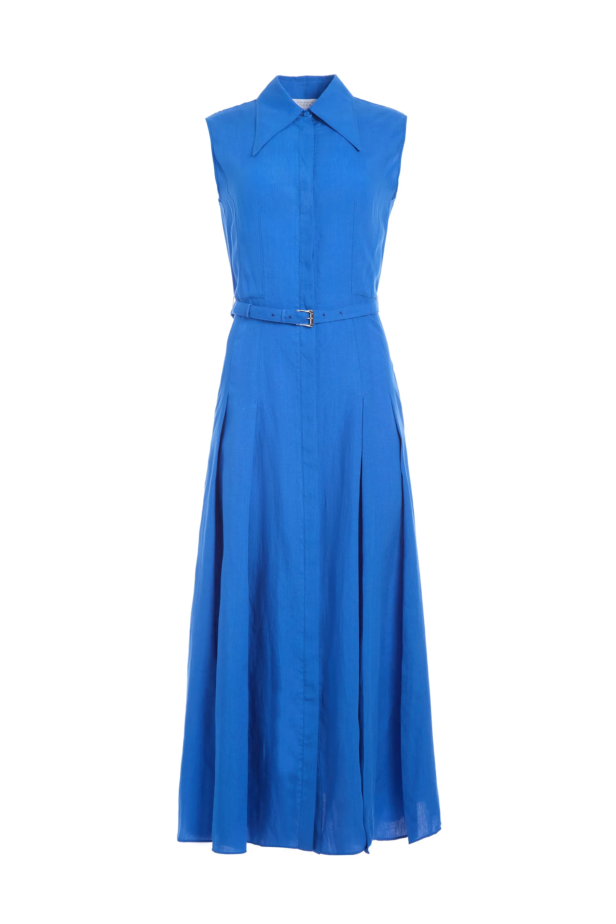 Durand Pleated Maxi Shirtdress in Sapphire Aloe Linen Queen Glow Feather Glow