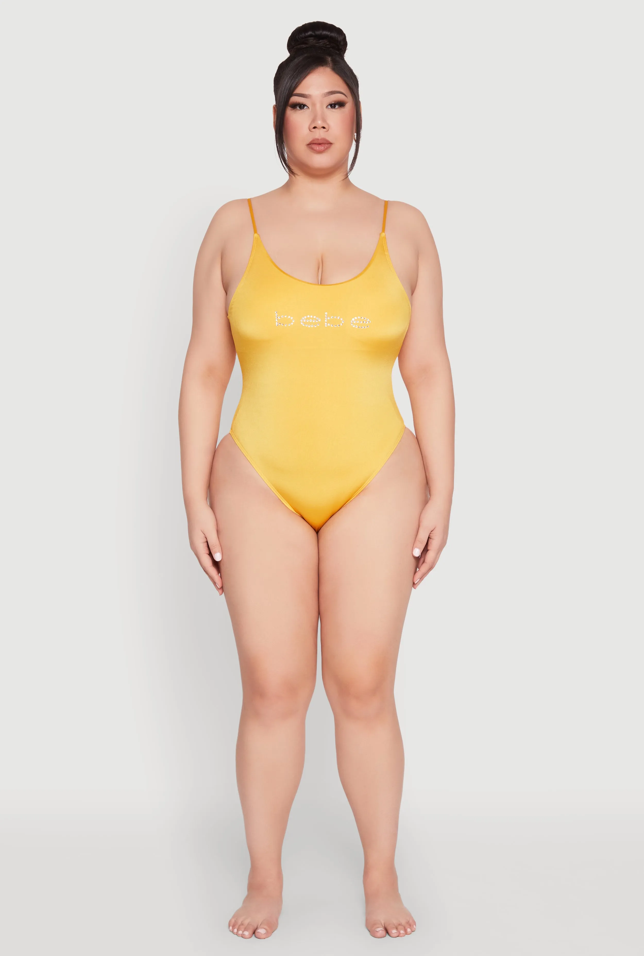 Plus Size Bebe Rhinestone One Piece Swimsuit Anti Chafe Seam Construction Flexible Bonding Technology
