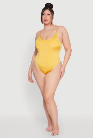Plus Size Bebe Rhinestone One Piece Swimsuit High UV Block Adjustable Waistband