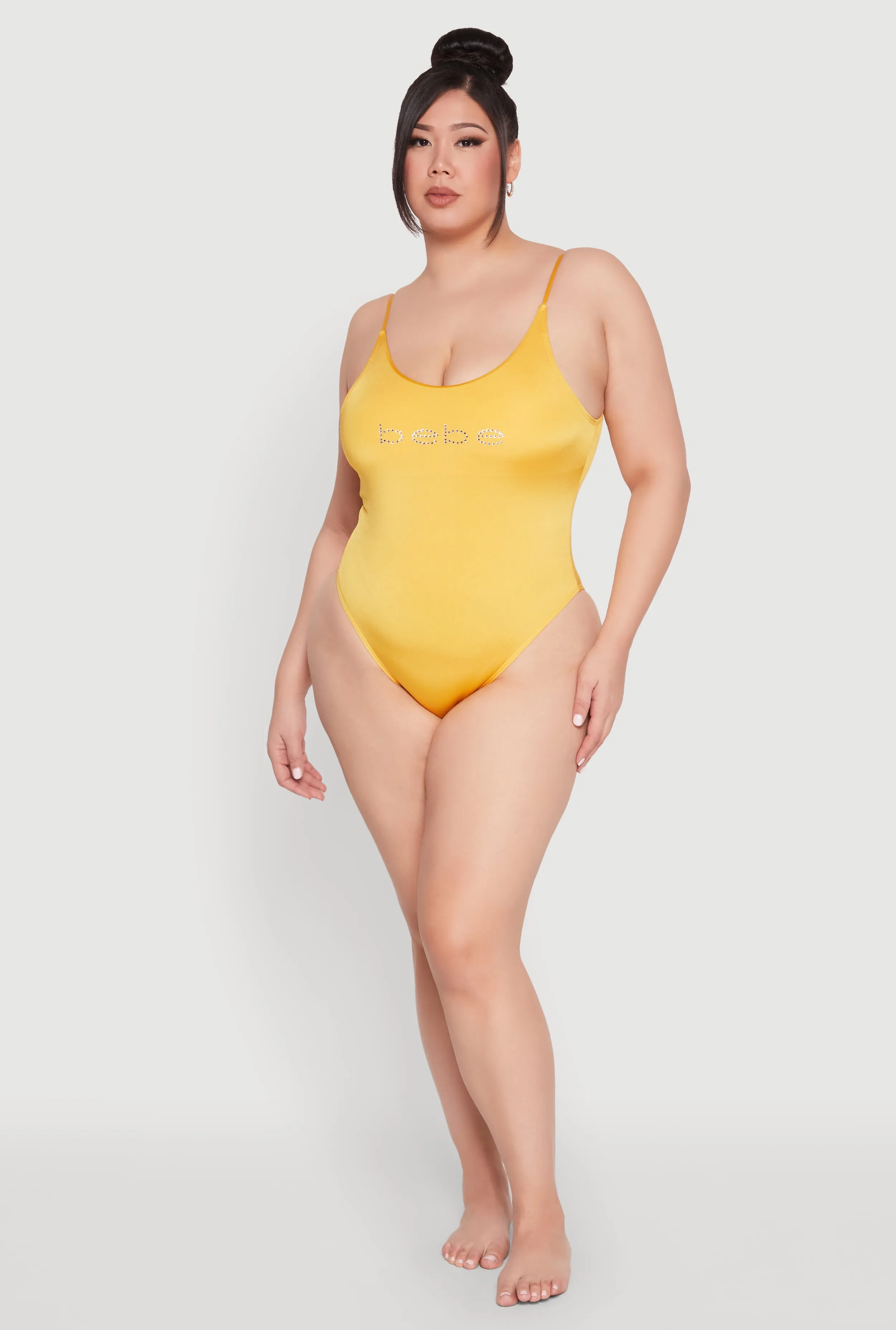 Plus Size Bebe Rhinestone One Piece Swimsuit High UV Block Adjustable Waistband