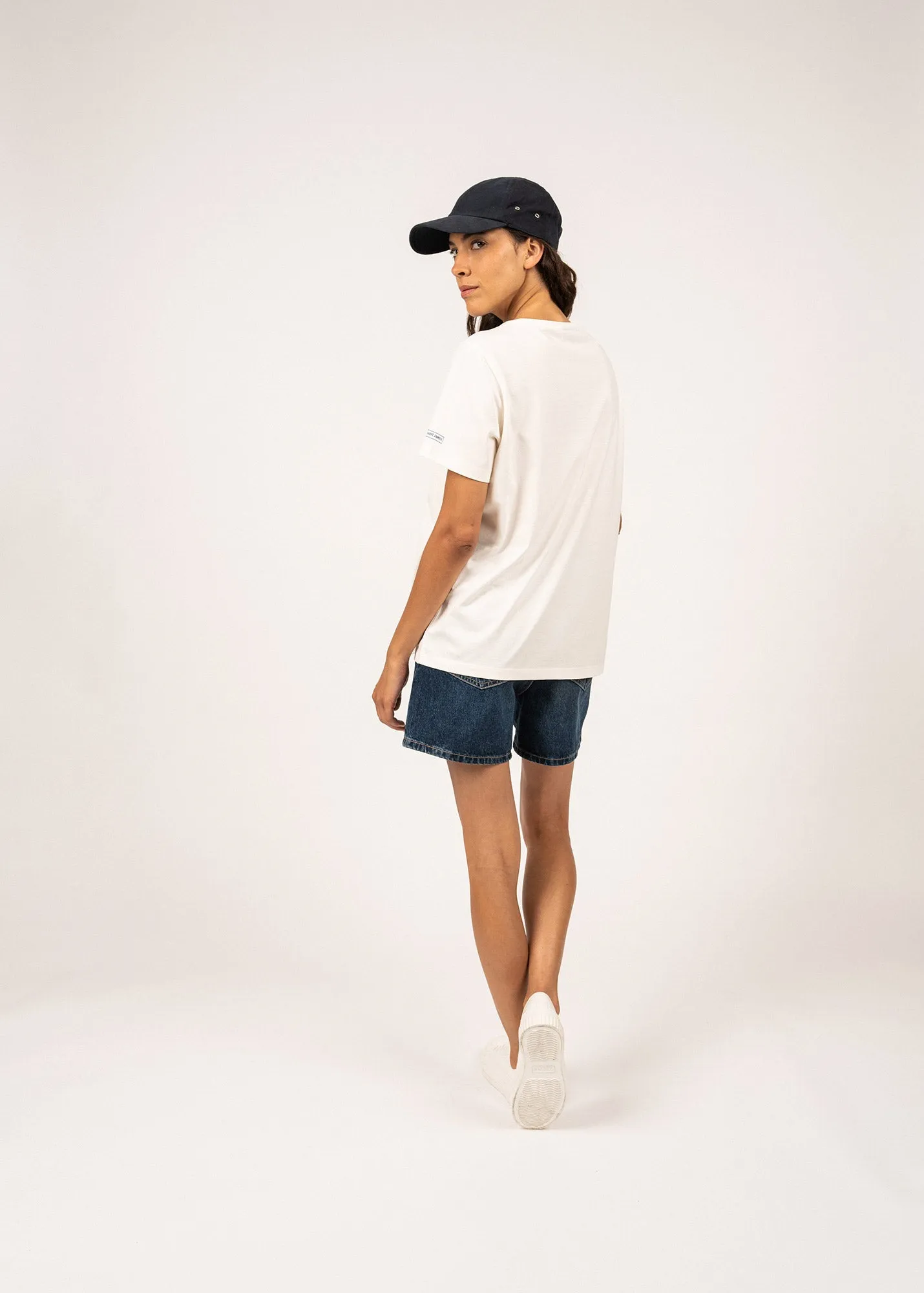 SANDY - Tee with Embossed Flower Embroidery | 100% Cotton (IVORY / INDIGO) Zen Ease Trust Glow