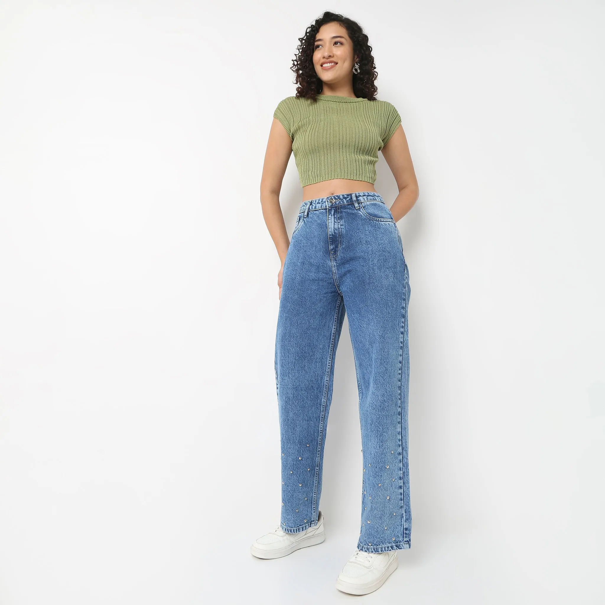 Star Light SoftenedEdges Straight Fit Denim With Emblished Stud Look