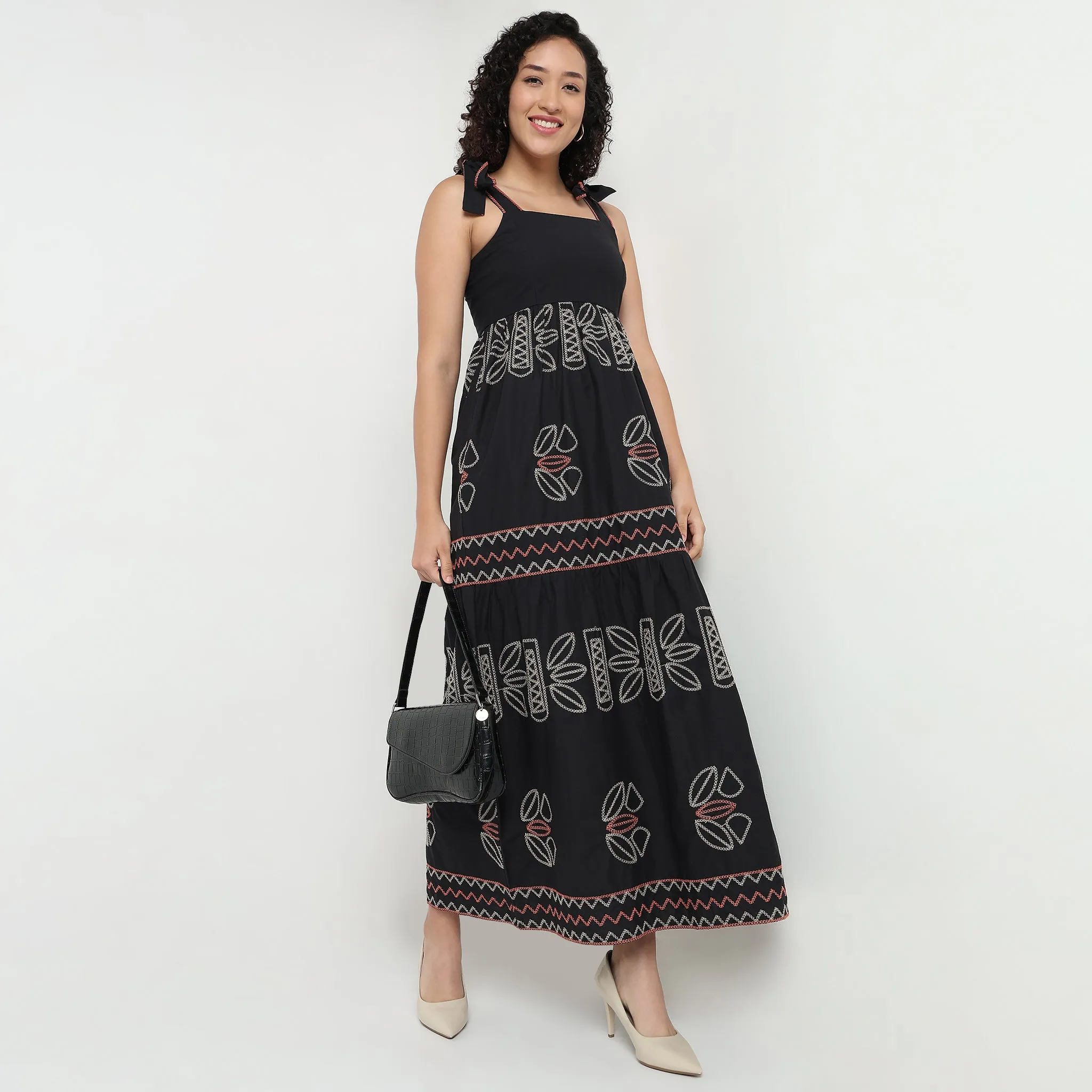 Tribal Print Cotton Flared Long Dress StainReleaseCoating