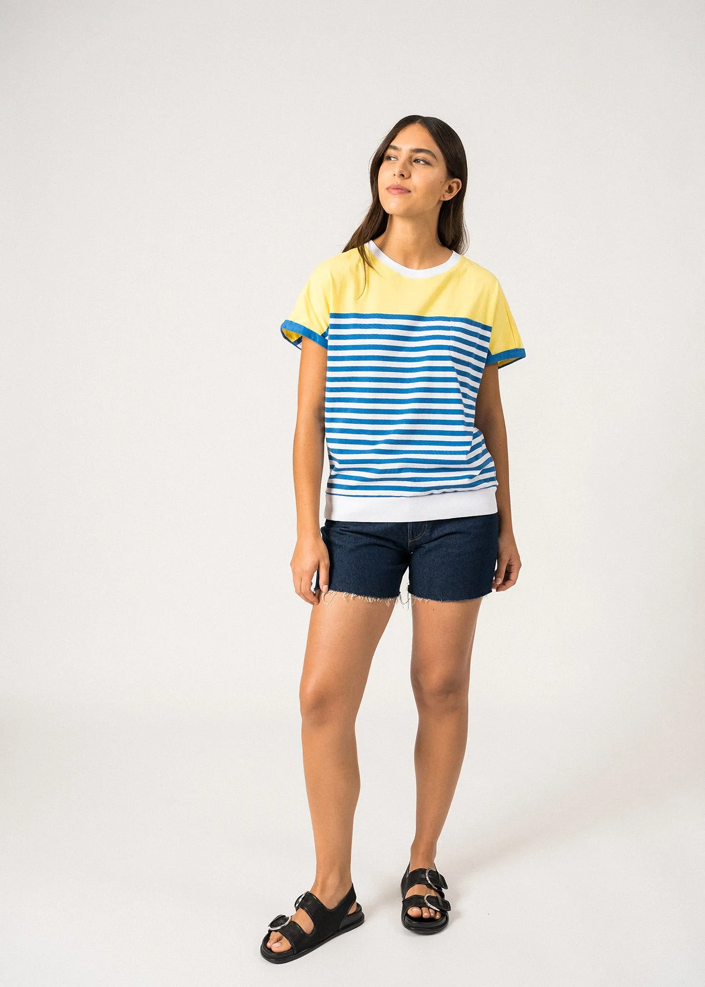 ENORA - Colorblock Striped Tee for Women | Soft Cotton | Women Fit (CAP GRAPHIC) Hero Glow