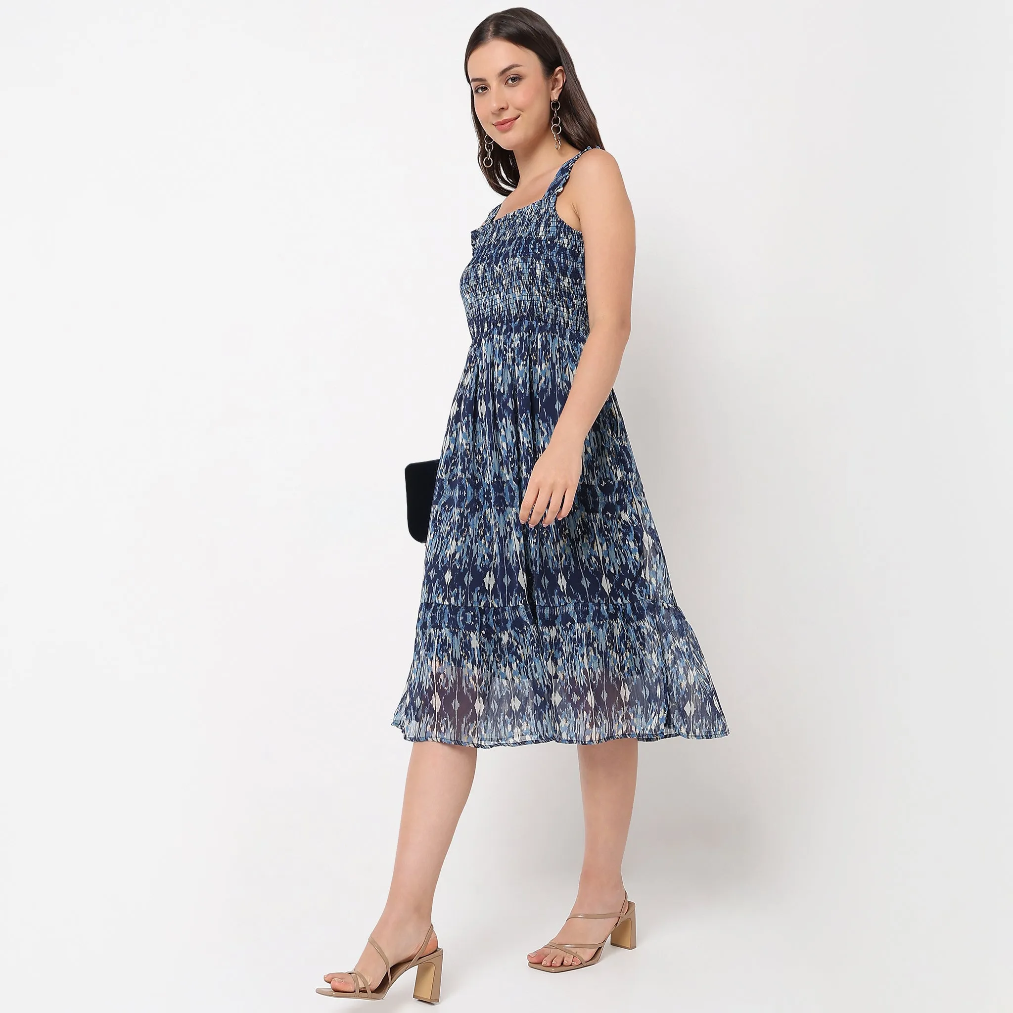 Royal Mode Printed Square Neck Strap Dress