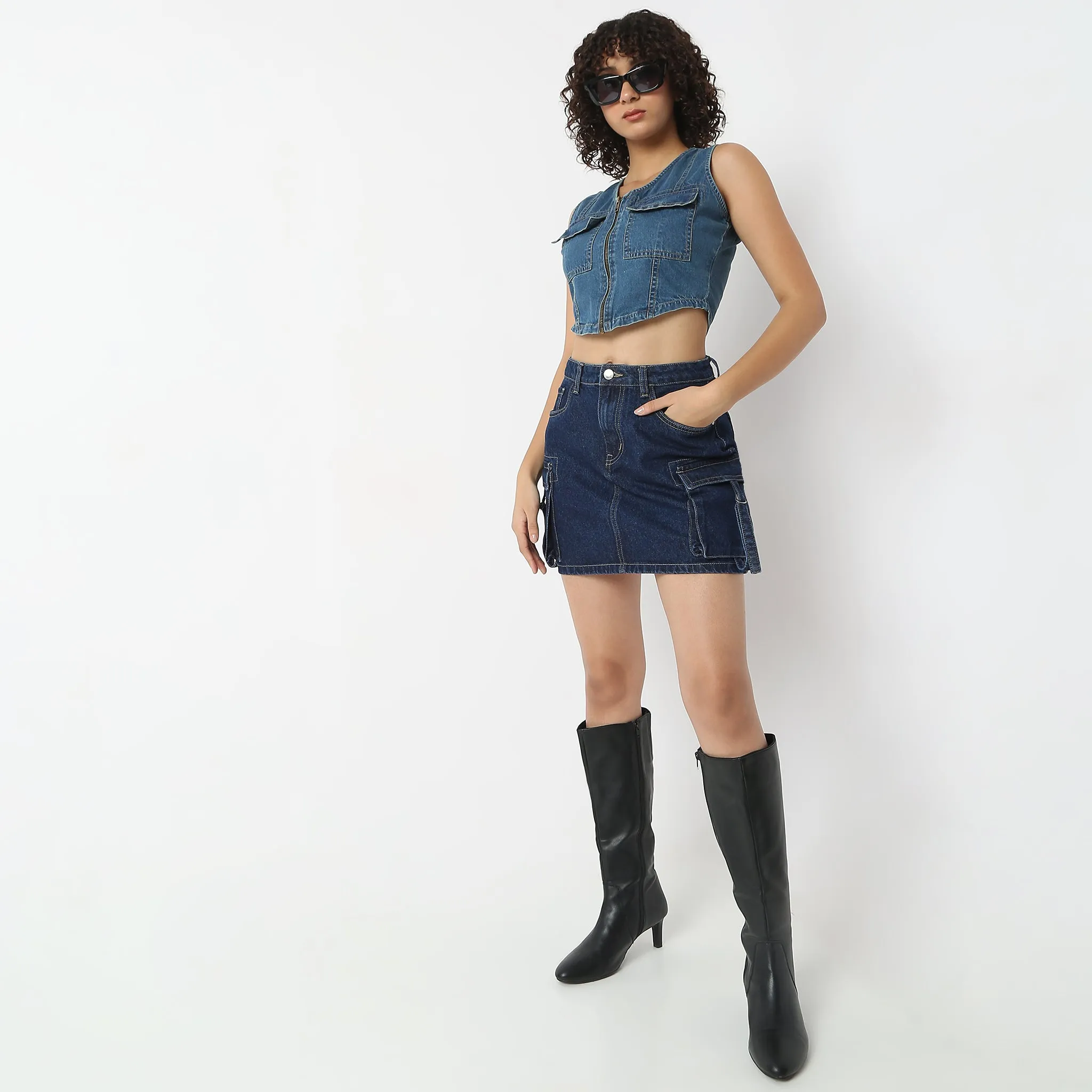 Free Shape Short Length High Rise Denim Skirt