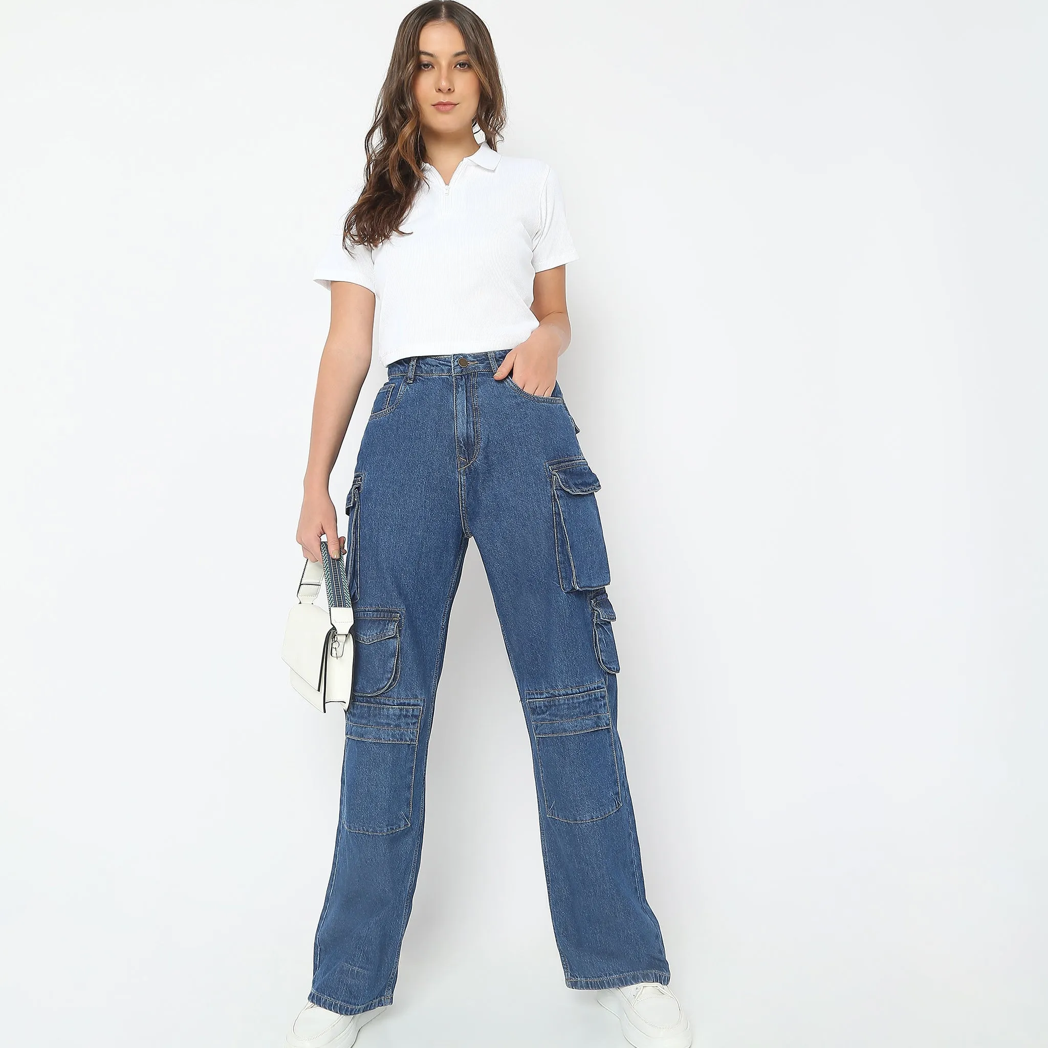 UV Protection Windproof Outer Layer Cargo Fit High Rise Jeans