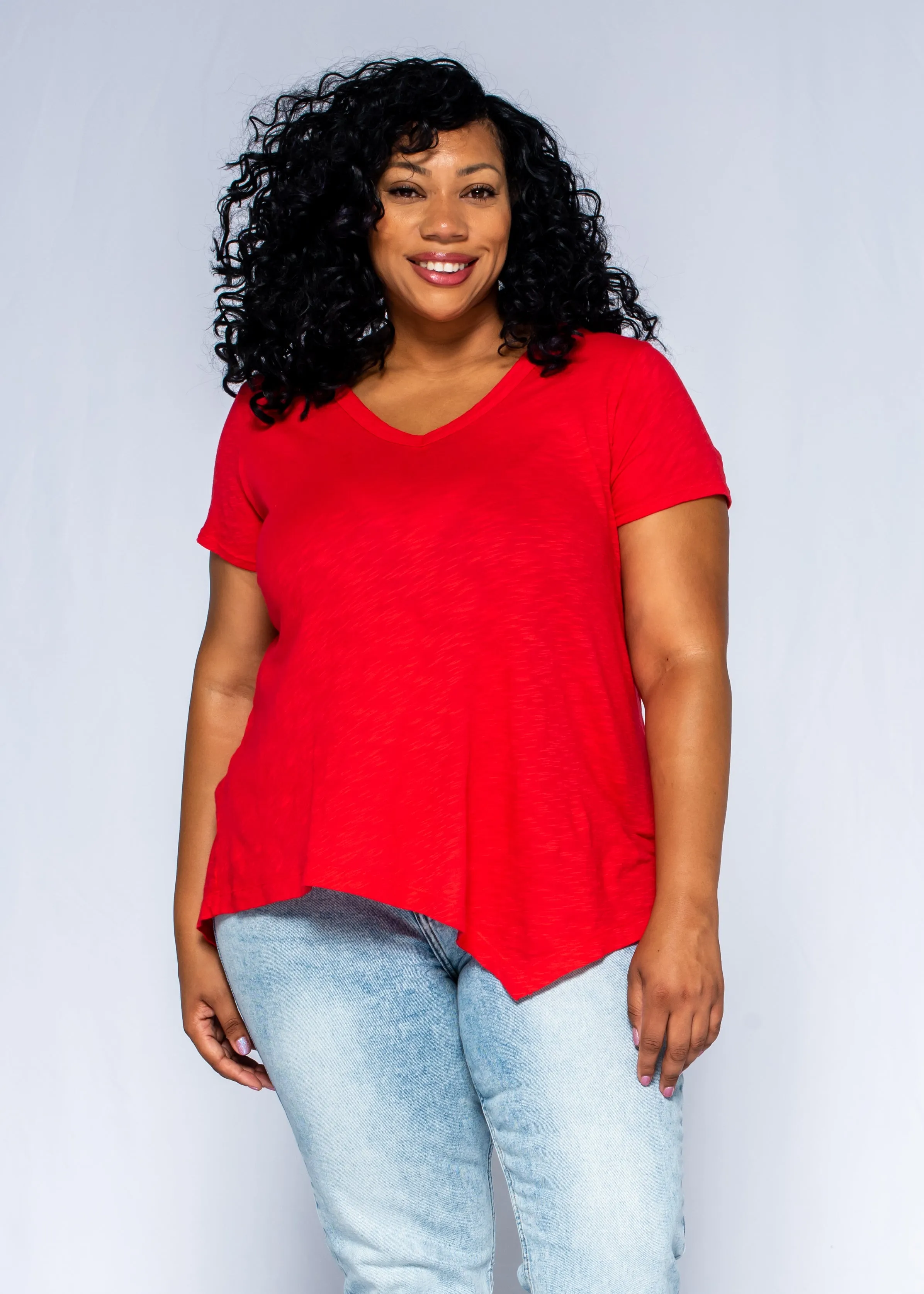 MultiPanelDesign Short Sleeve Tunic Double Slant Hem V-Neck
