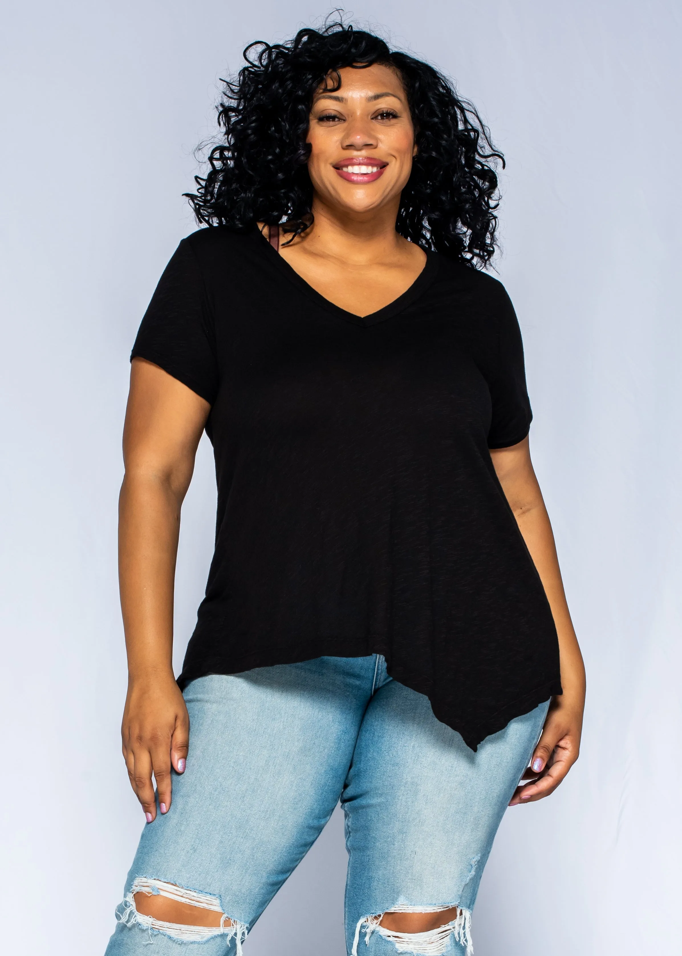 Dry Touch Wind Block Short Sleeve Tunic Double Slant Hem V-Neck