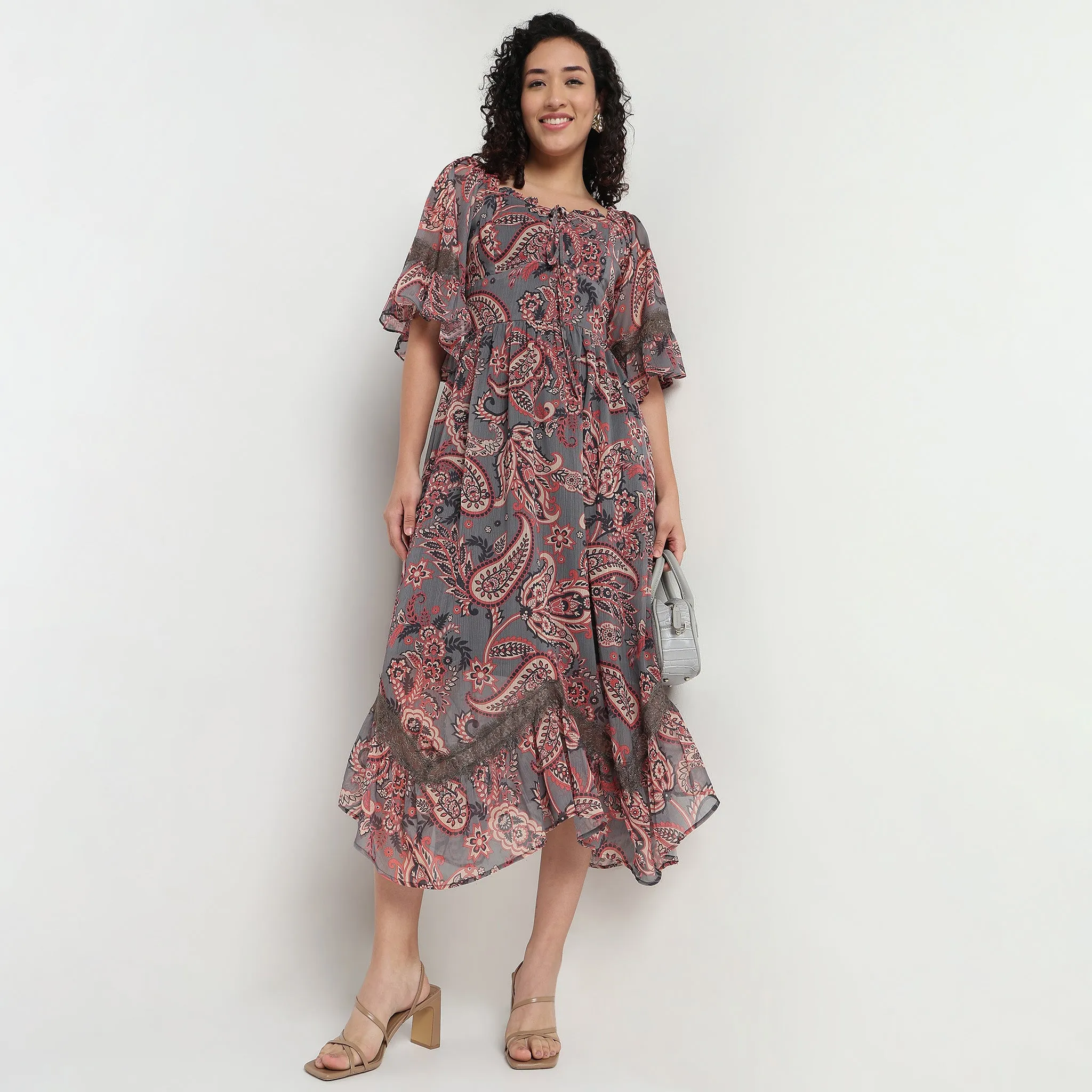 Surf Mood Aerated Seam Placement Printed Square Neck Flared Dress