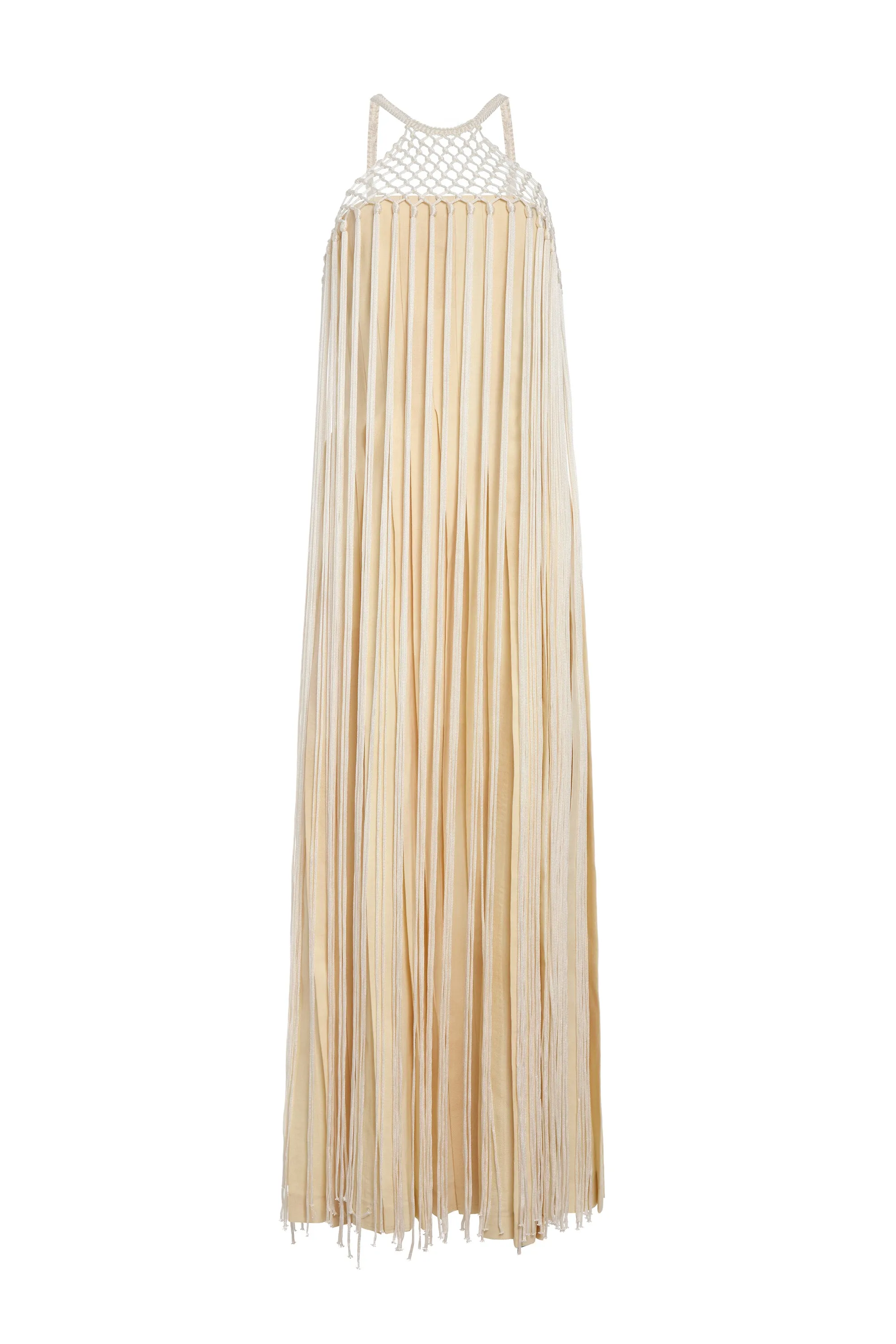 SustainableTextiles Light Flow Tacia Fringe Maxi Dress in Ivory Silk