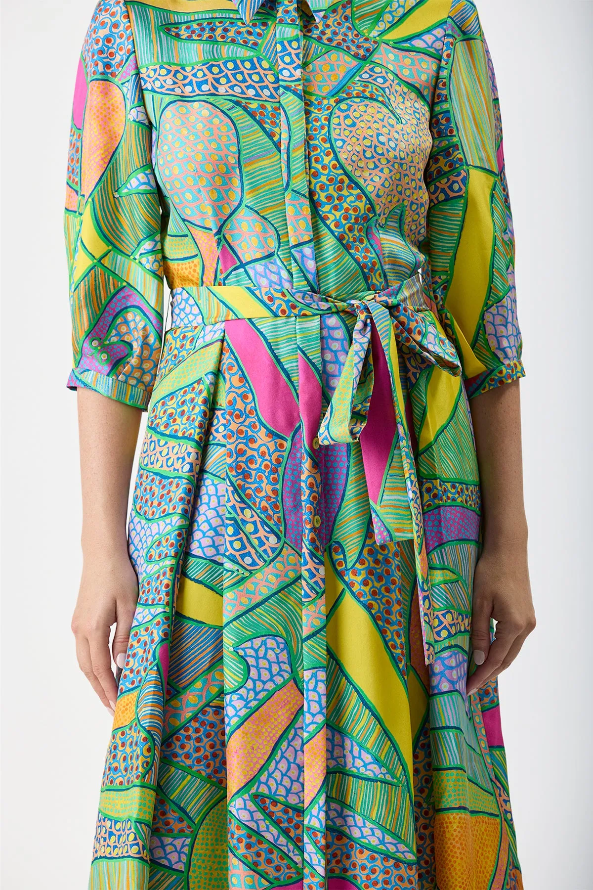 Andy Pleated Maxi Shirtdress in Green Multi Printed Silk Twill NoRubEdging Net Fit