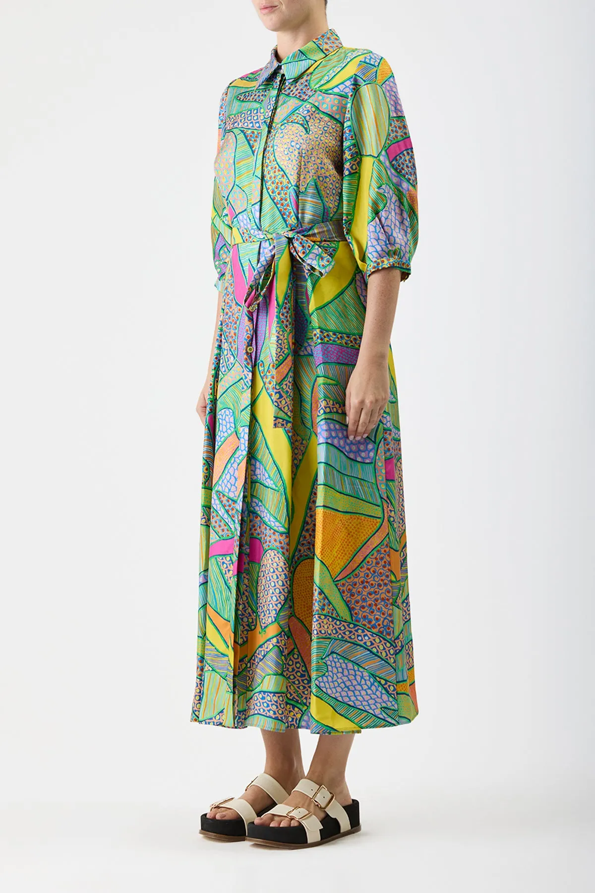 Andy Pleated Maxi Shirtdress in Green Multi Printed Silk Twill Retro cool Free Mind
