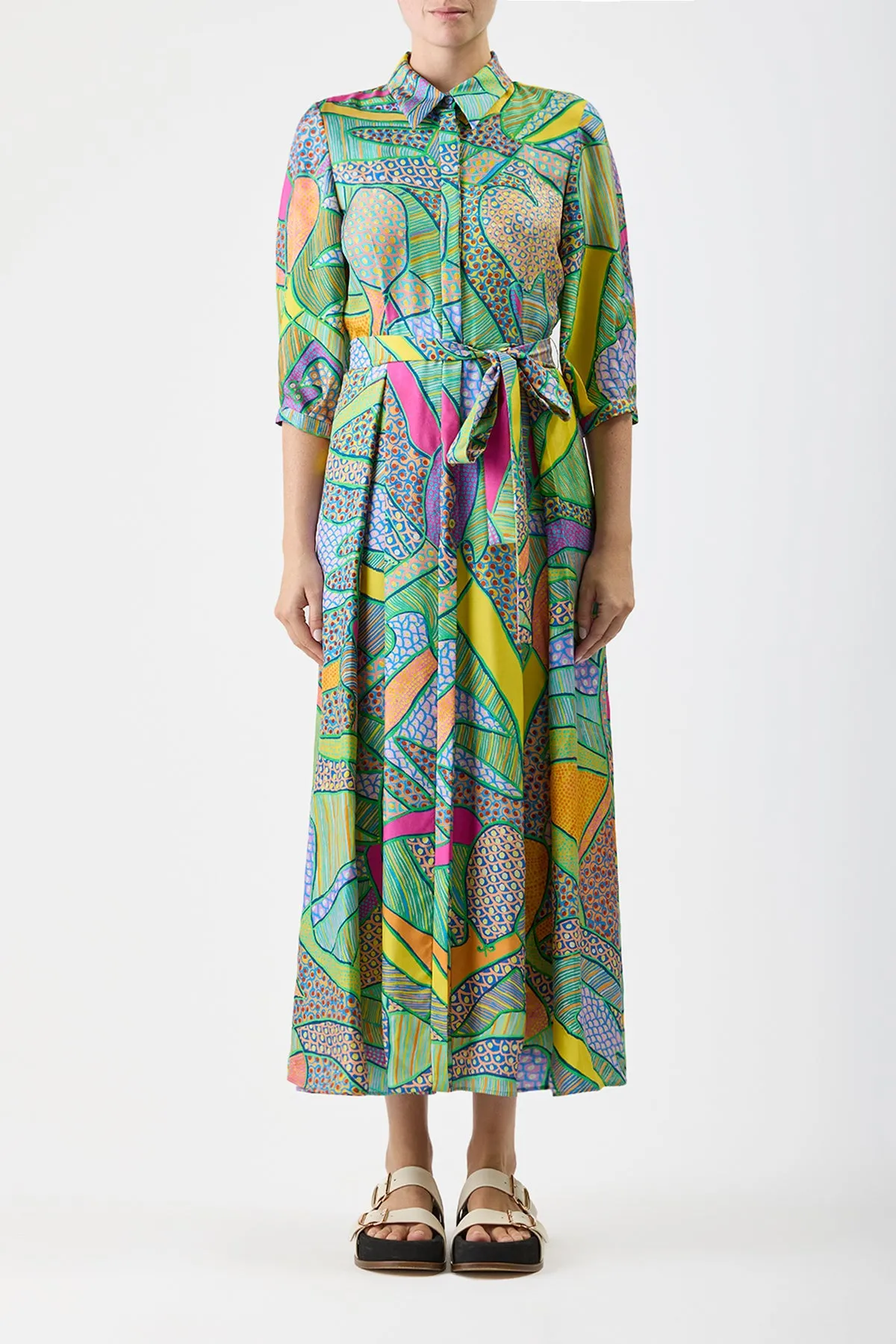 Andy Pleated Maxi Shirtdress in Green Multi Printed Silk Twill Day Glow