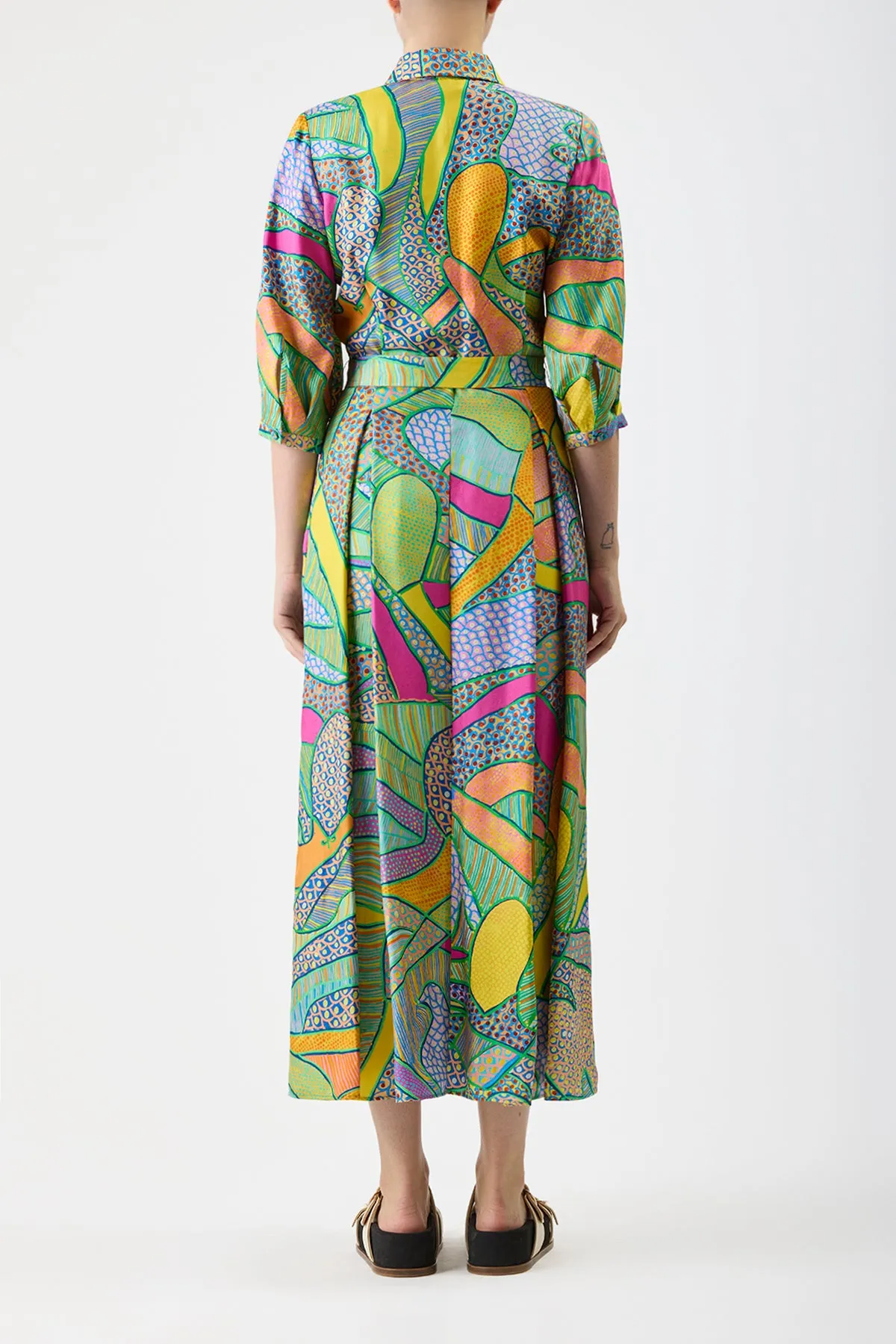 Ventilated Back Panels Andy Pleated Maxi Shirtdress in Green Multi Printed Silk Twill