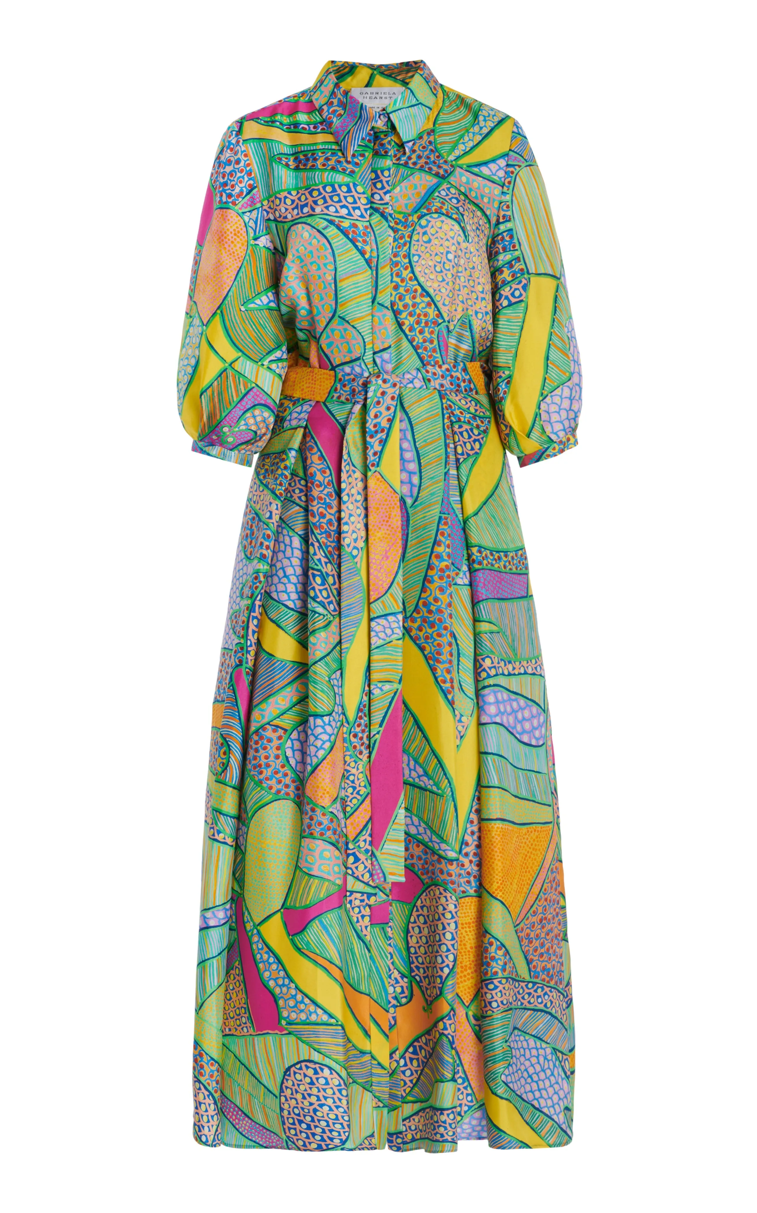 Andy Pleated Maxi Shirtdress in Green Multi Printed Silk Twill SheerLayeredPanels