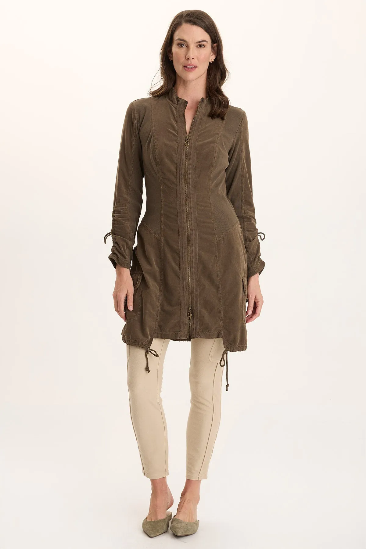 Sustain Glow Anu Corduroy/Jersey Cinched Jacket-Dress