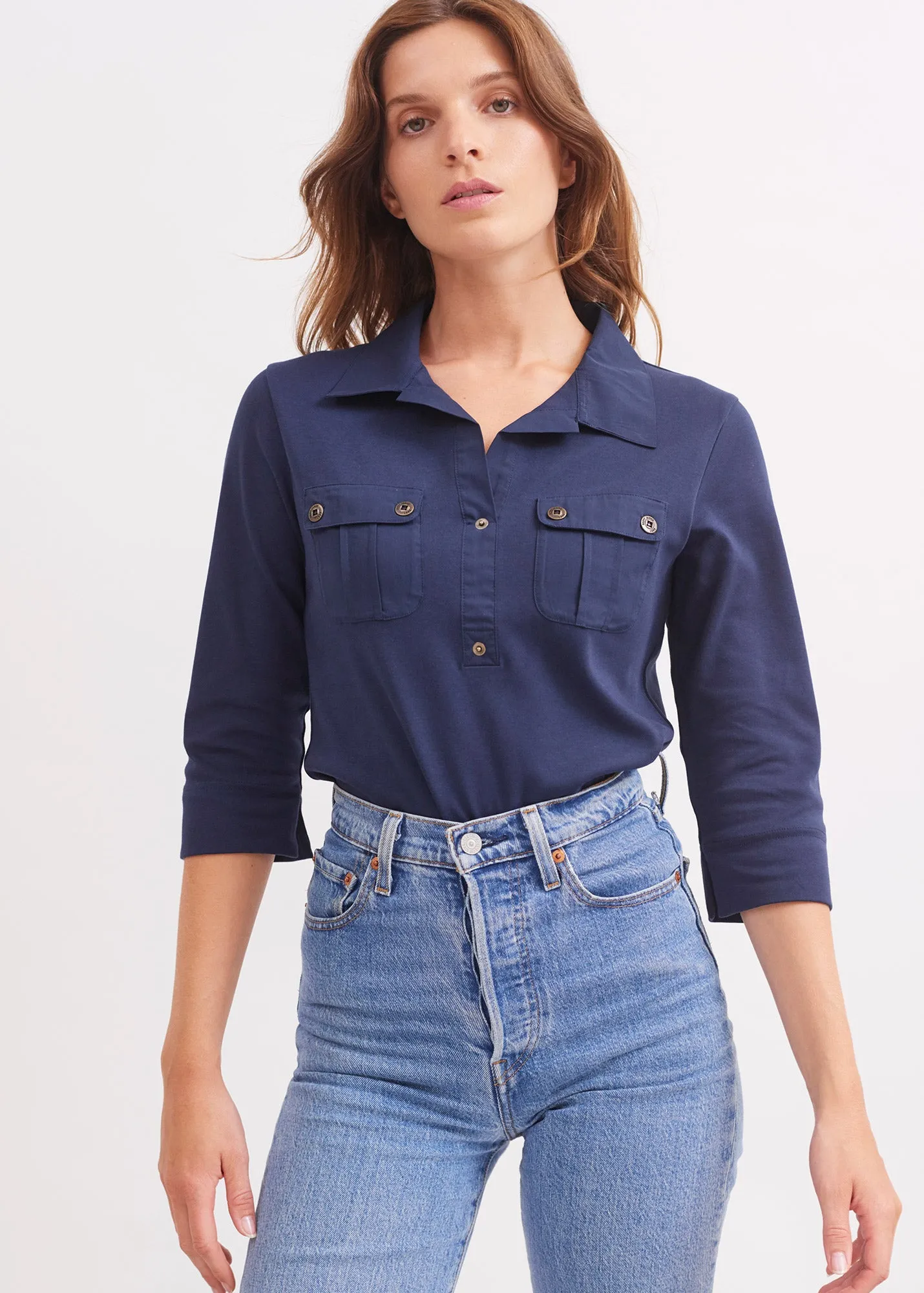 EcoCertifiedTextile Rustic Ease OLERON - Polo Shirt with ? Sleeve | 100% Cotton | Comfort Fit (NAVY)