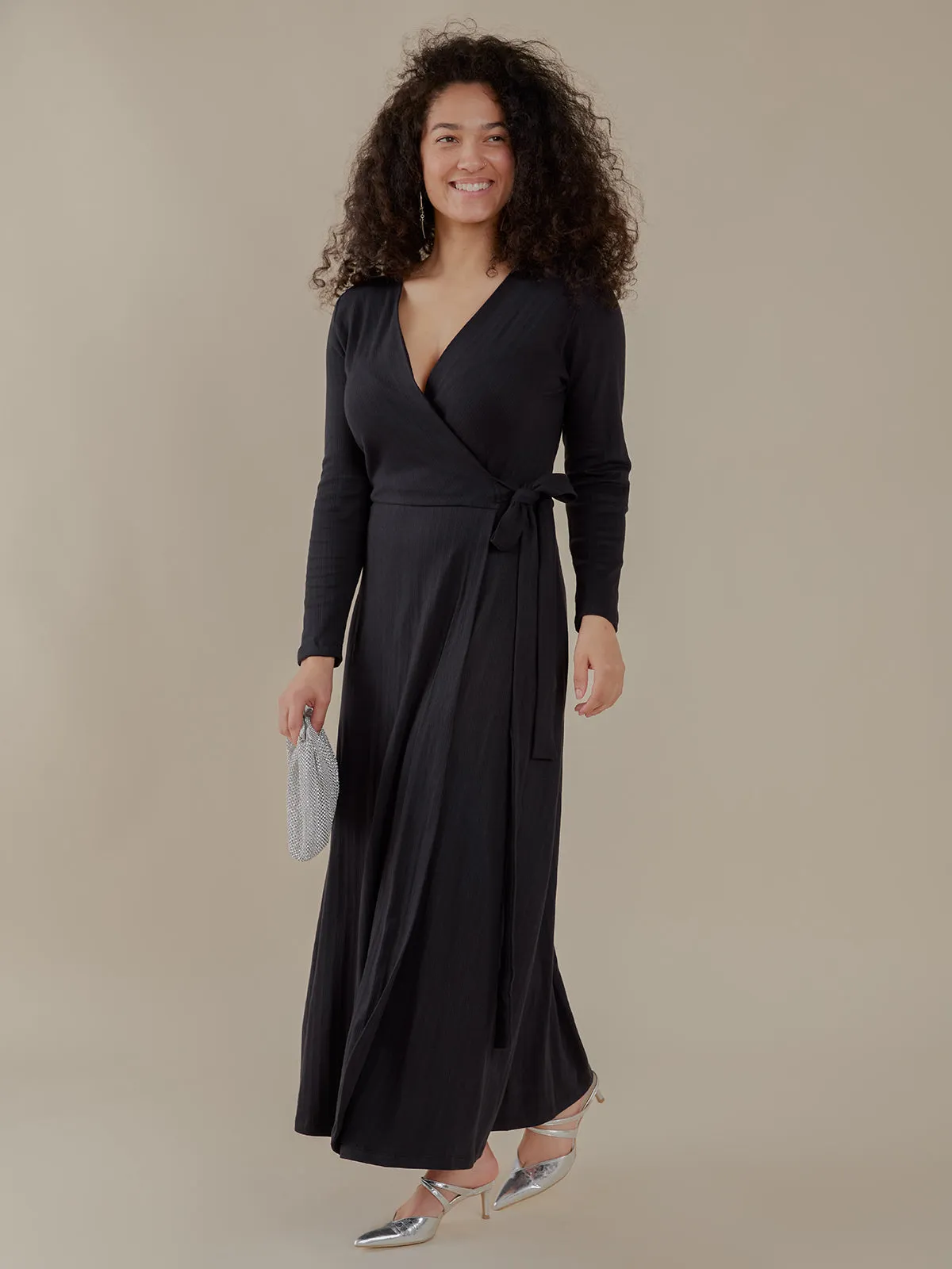 Katie Maxi Wrap Dress - Black Rib Knit QuickDry Technology