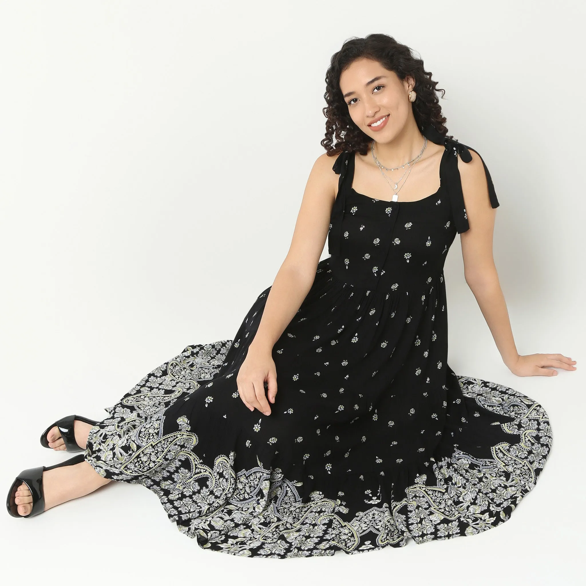Strappy Tiered Dress Machine Fit SlipResistantWaistband