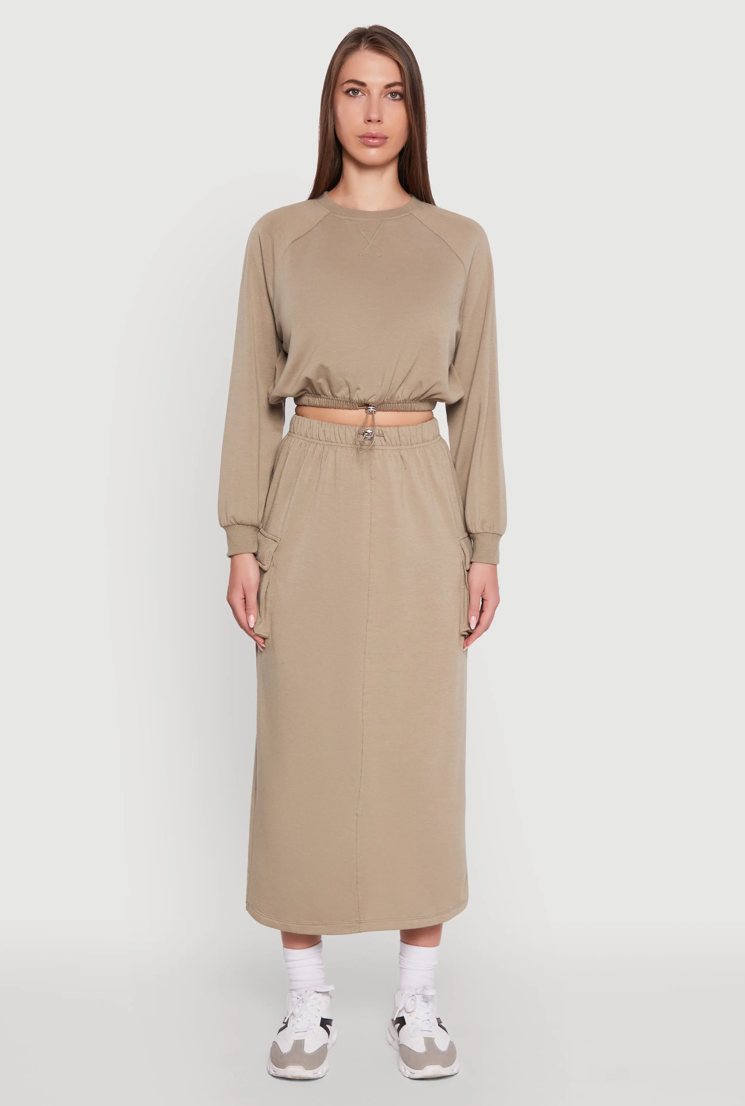 Neat Look Fleece Toggle Drawstring Cargo Pocket Midi Skirt