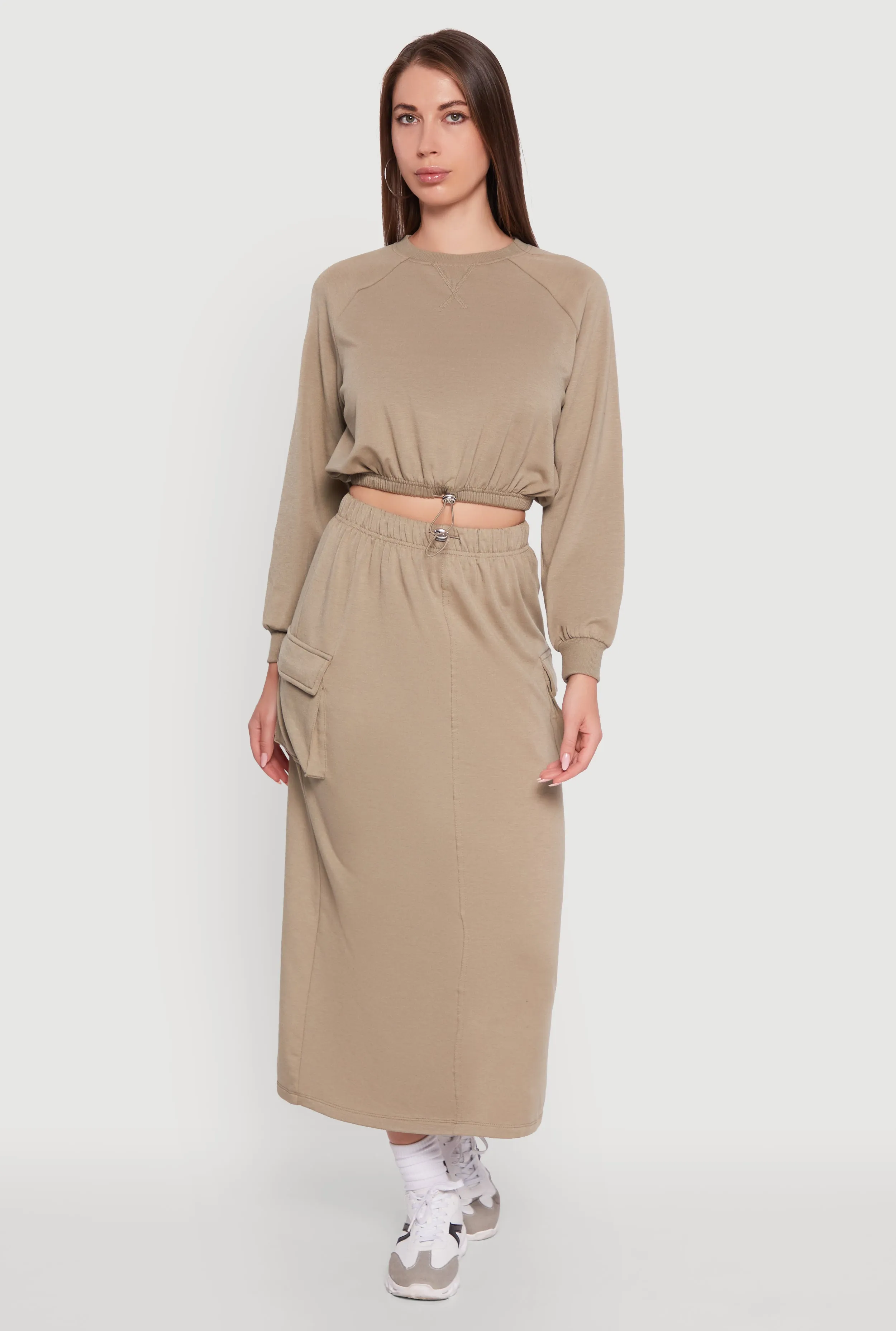 Fleece Toggle Drawstring Cargo Pocket Midi Skirt Travel Ready