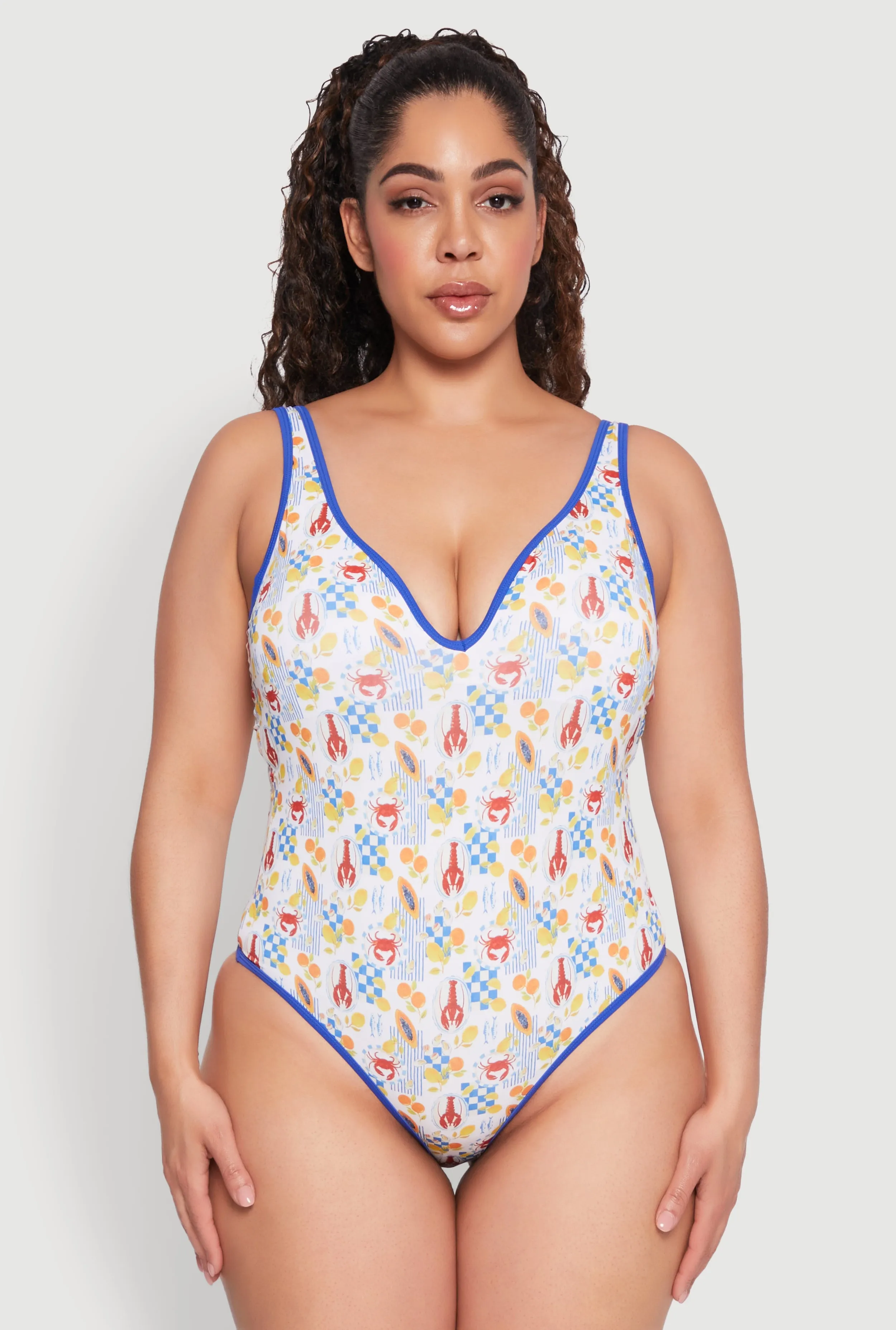 Plus Size Tropical Crab Papaya Print One Piece Swimsuit Chafe Resistant Edging