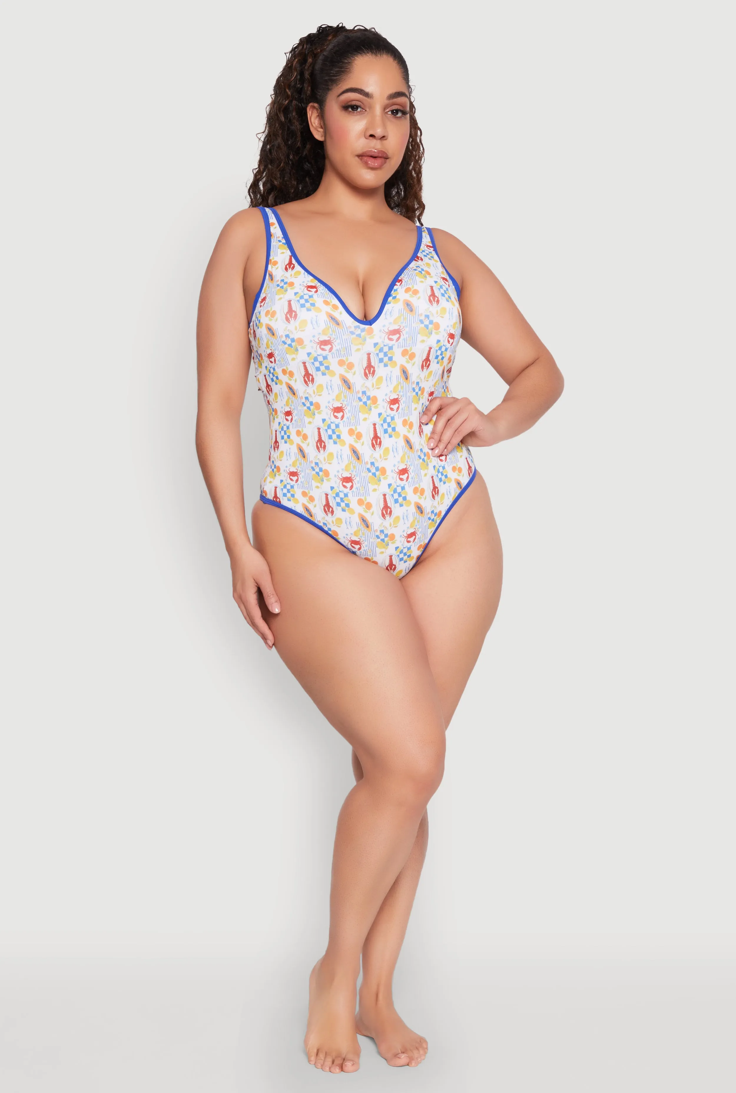 Plus Size Tropical Crab Papaya Print One Piece Swimsuit Seamless Bonded Edge Finish Non Slip Grippers